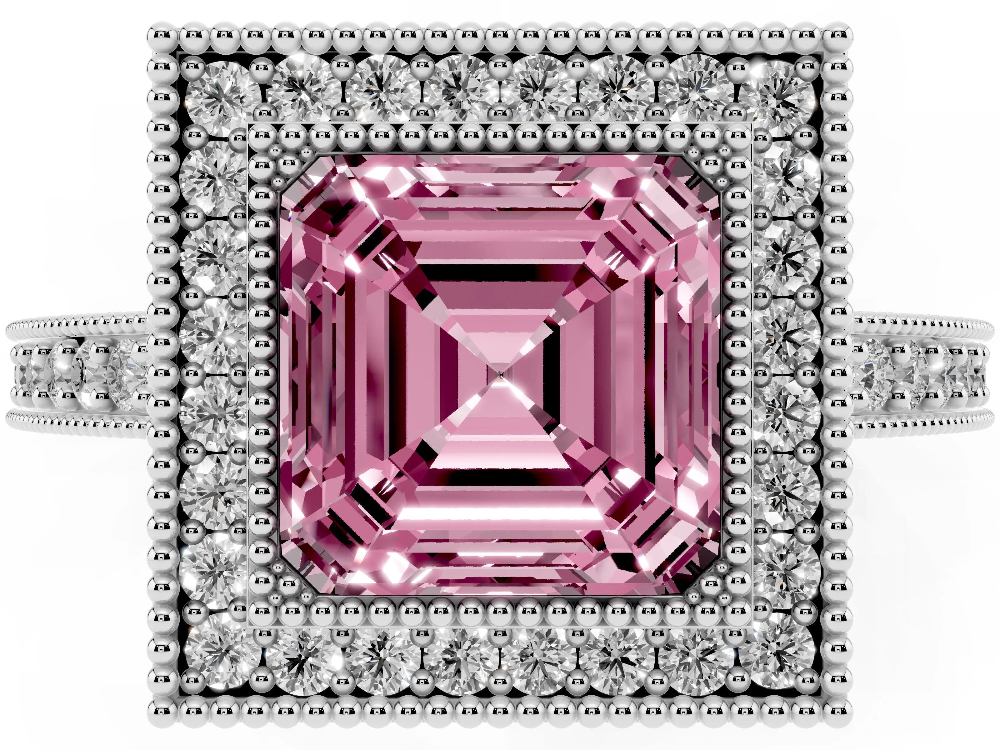 Fancy Pink Asscher Cut Diamond Halo Engagement Ring Set in White gold with Pavé Band and Round Halo Stones