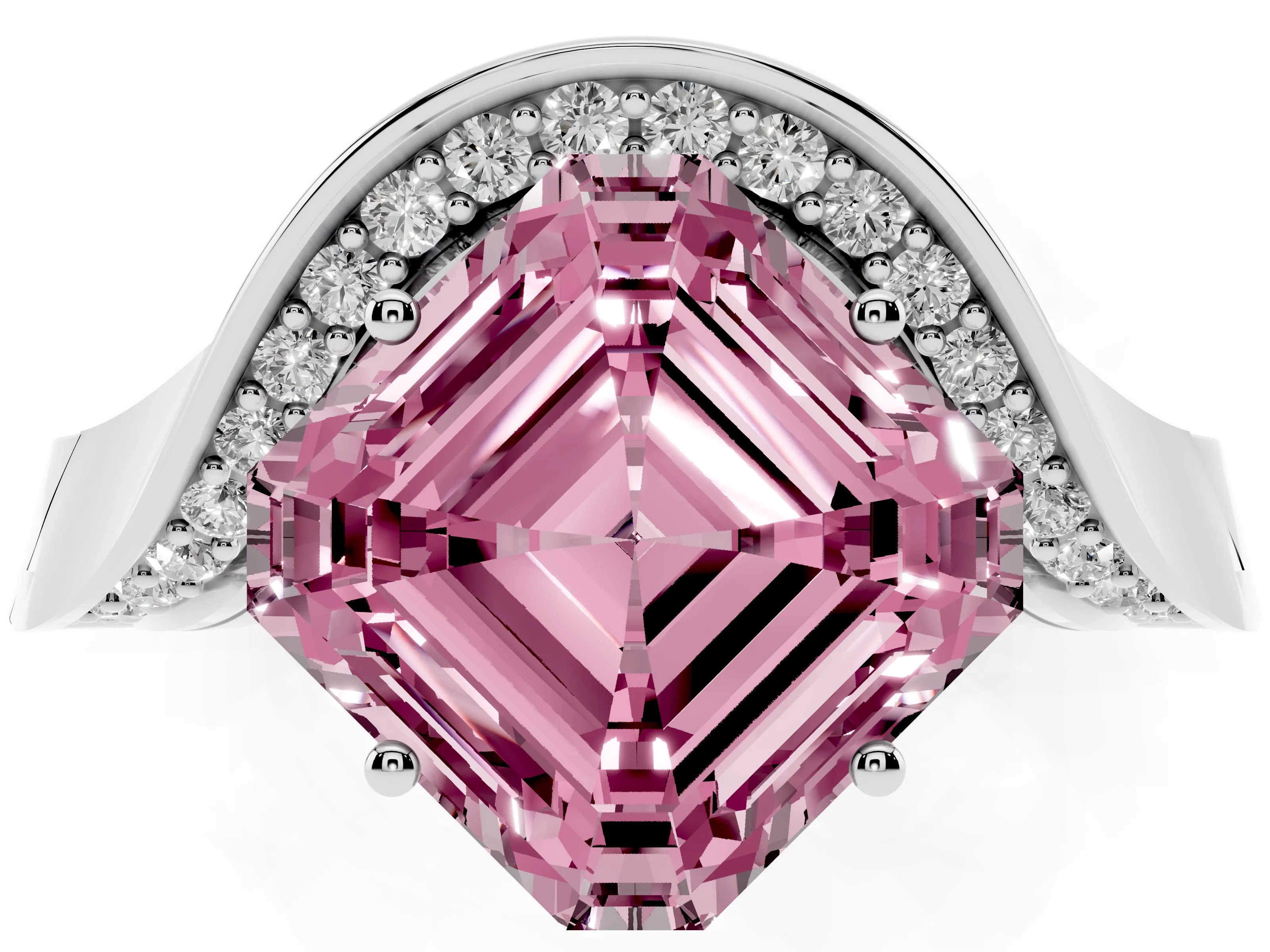 Fancy Pink Asscher Cut Diamond Solitaire Engagement Ring Set in Silver with Pavé Shoulders