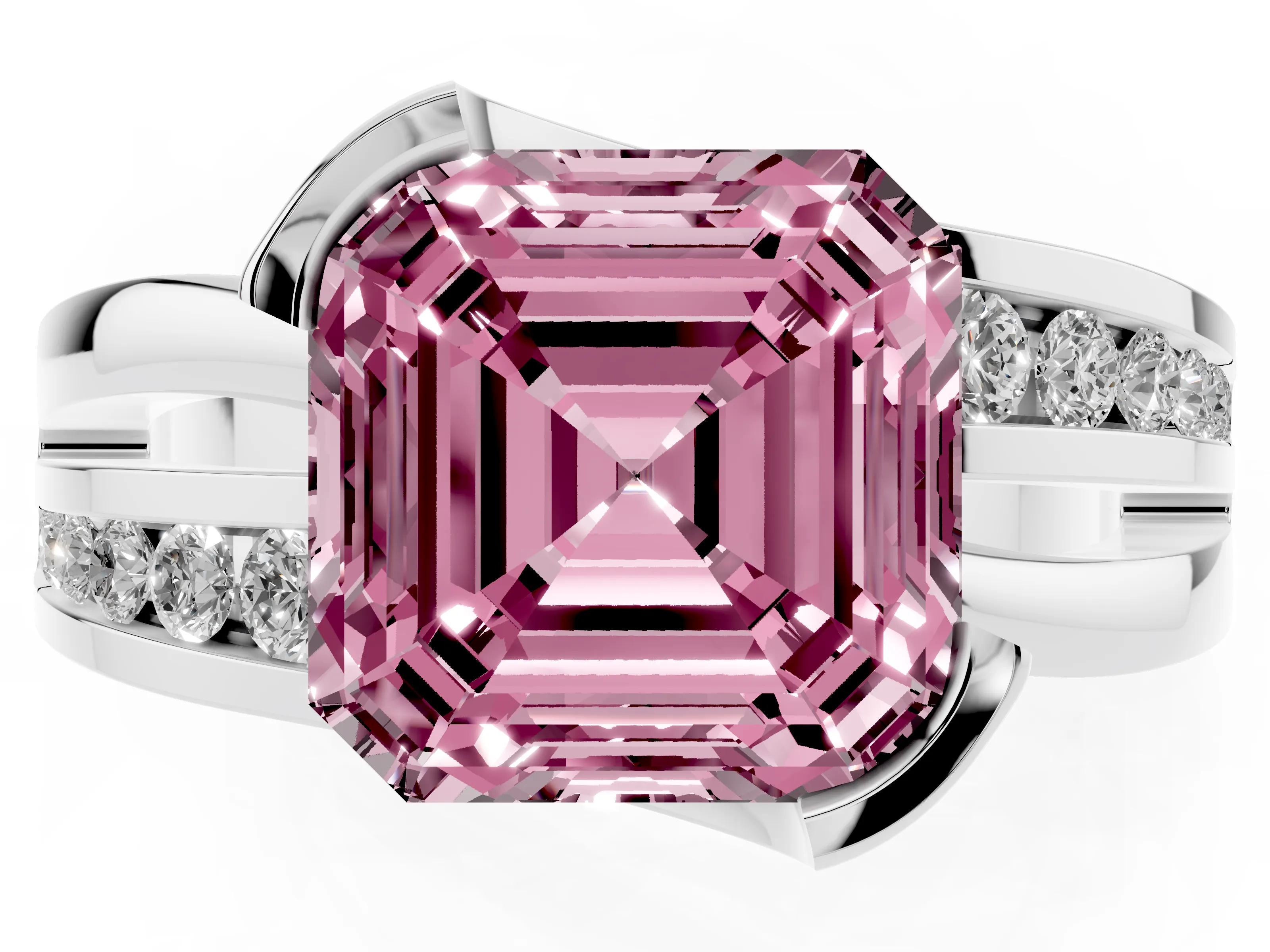 Fancy Pink Asscher Cut Diamond Solitaire Ring Set in Silver with Channel Set Split Shank and Tension Prongs