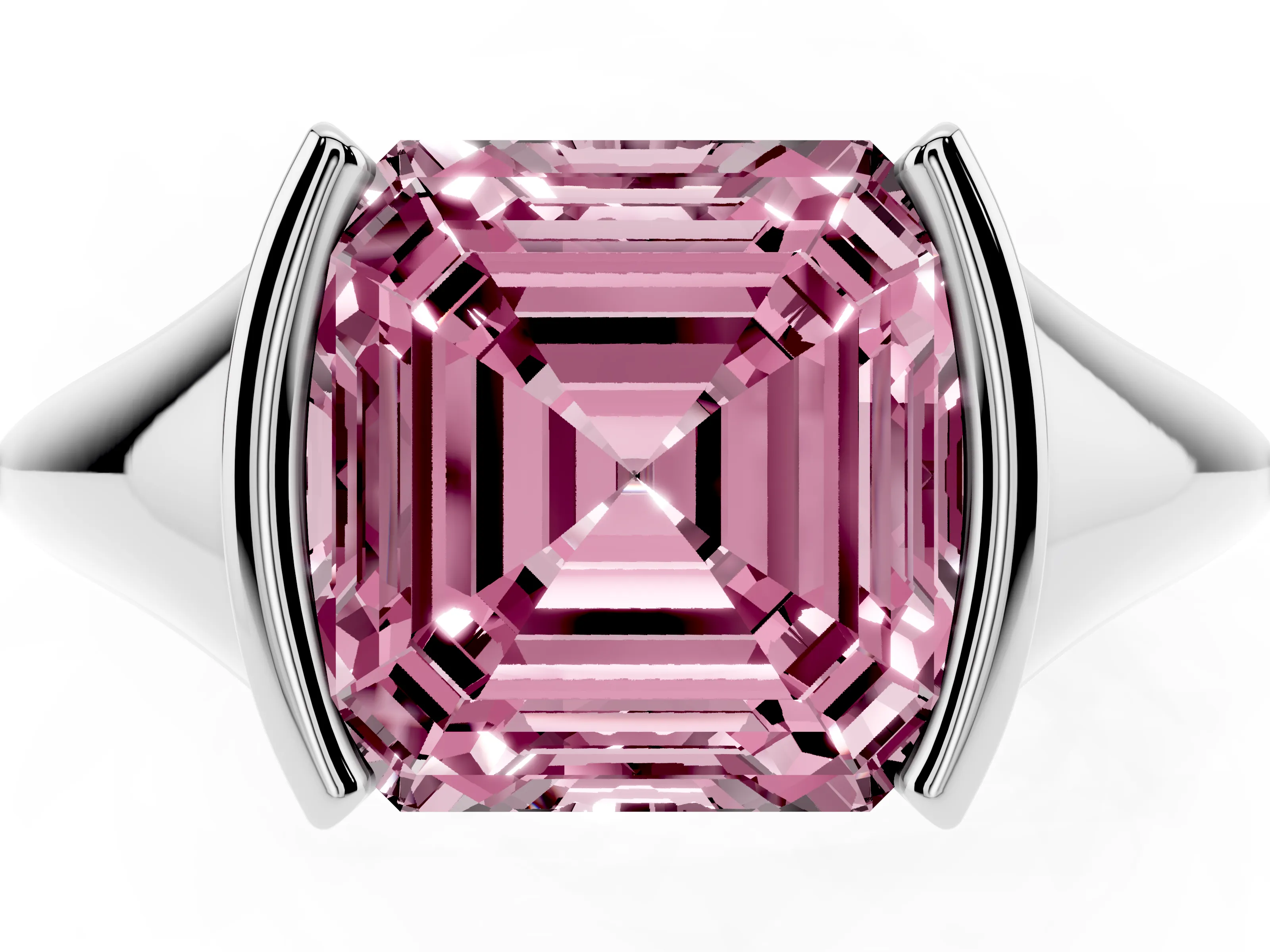 Fancy Pink Asscher Cut Diamond Solitaire Tension Set Ring Set in White gold