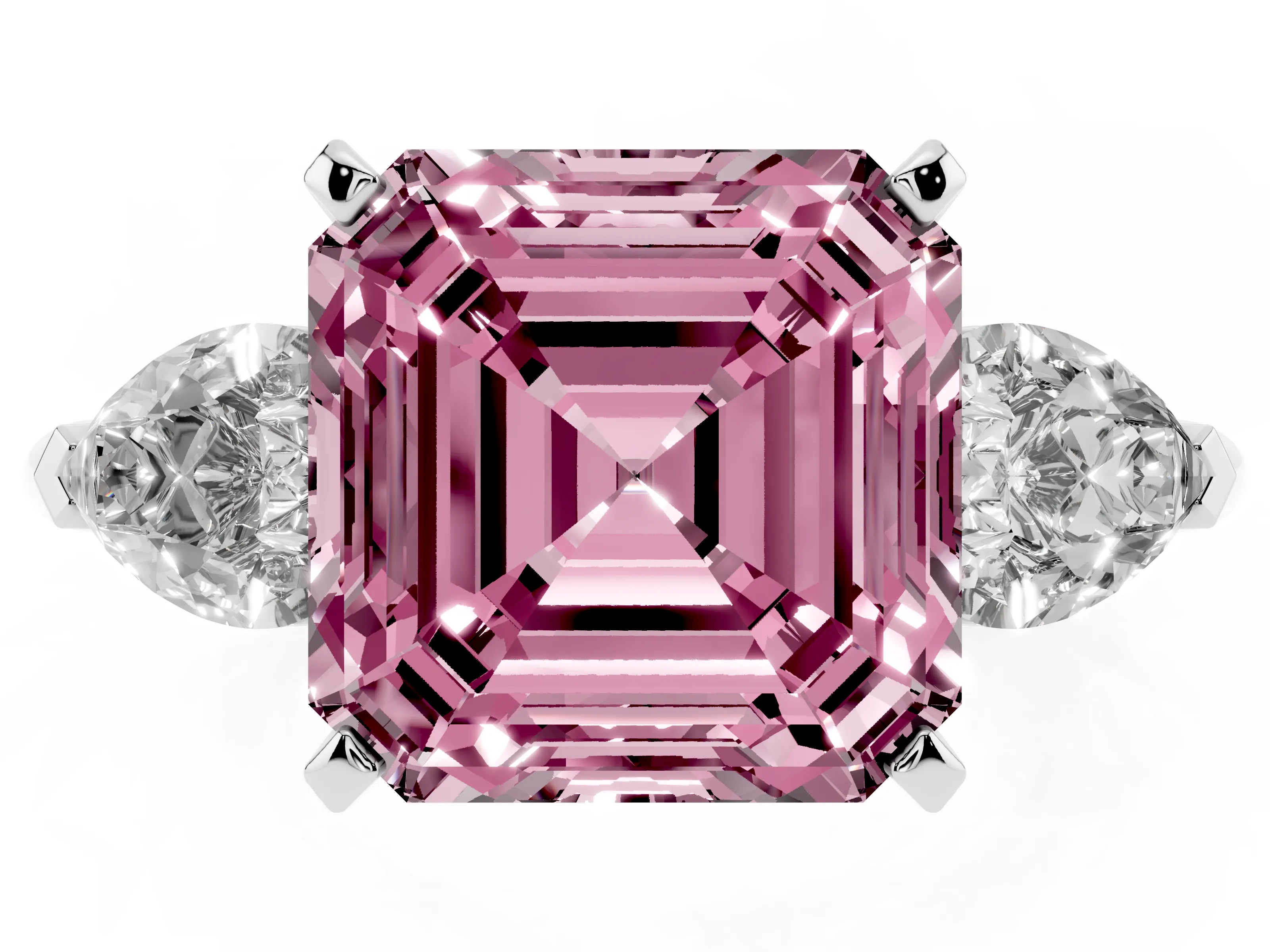 Fancy Pink Three-Stone Asscher Cut Diamond Ring Set in Silver with Pear Side Stones and Prong Setting