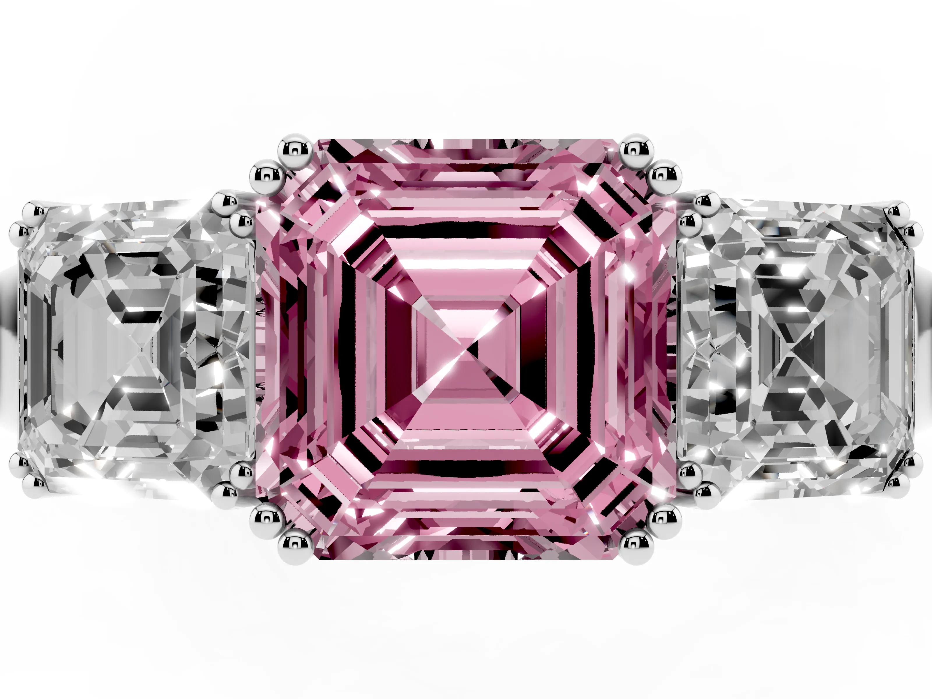 Fancy Pink Asscher Cut Diamond Three-Stone Ring Set in Silver with Polished Band and Prong Setting