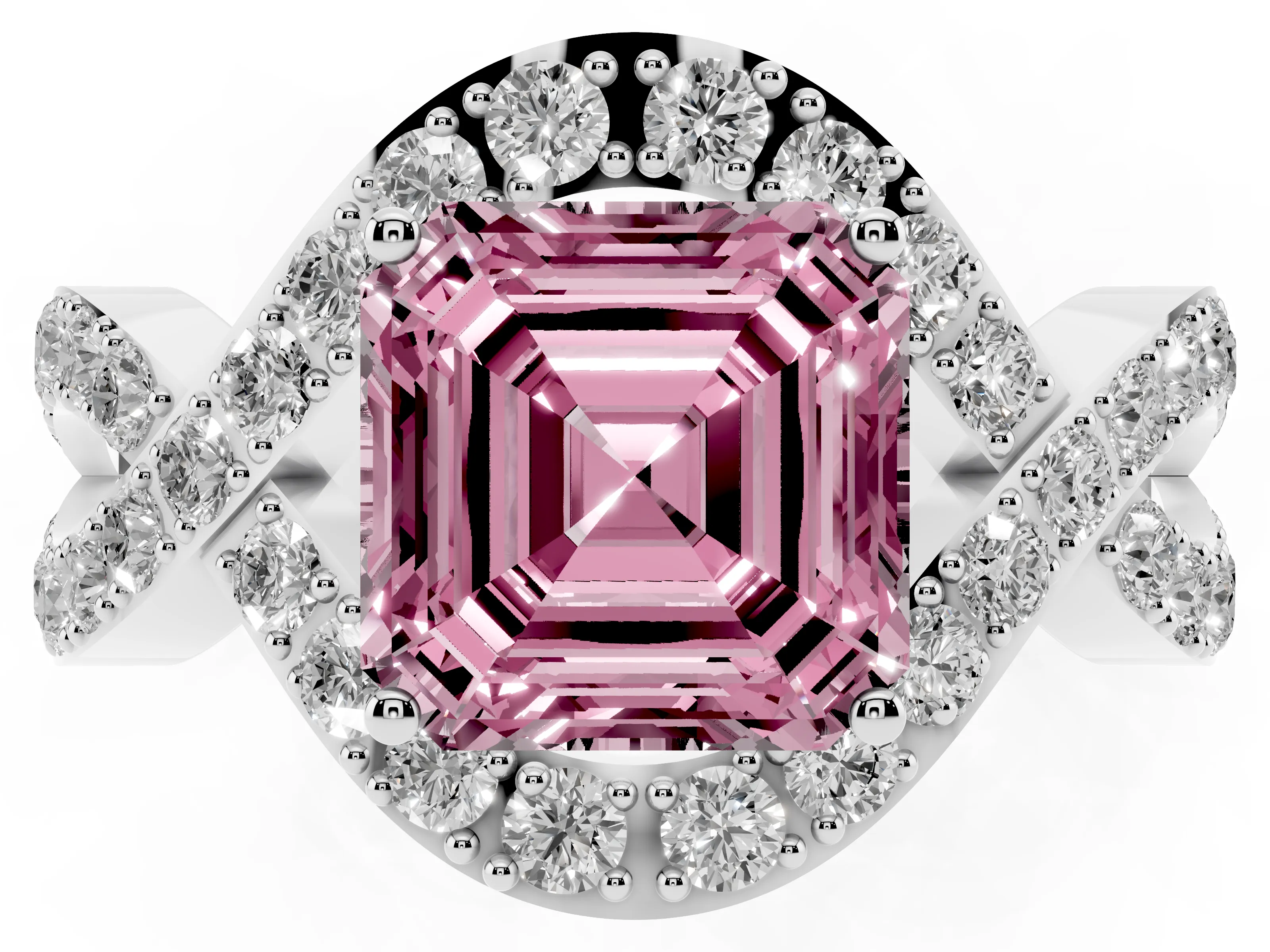 Fancy Pink Asscher Cut Diamond Solitaire Twist Band Pavé Engagement Ring Set in Platinum