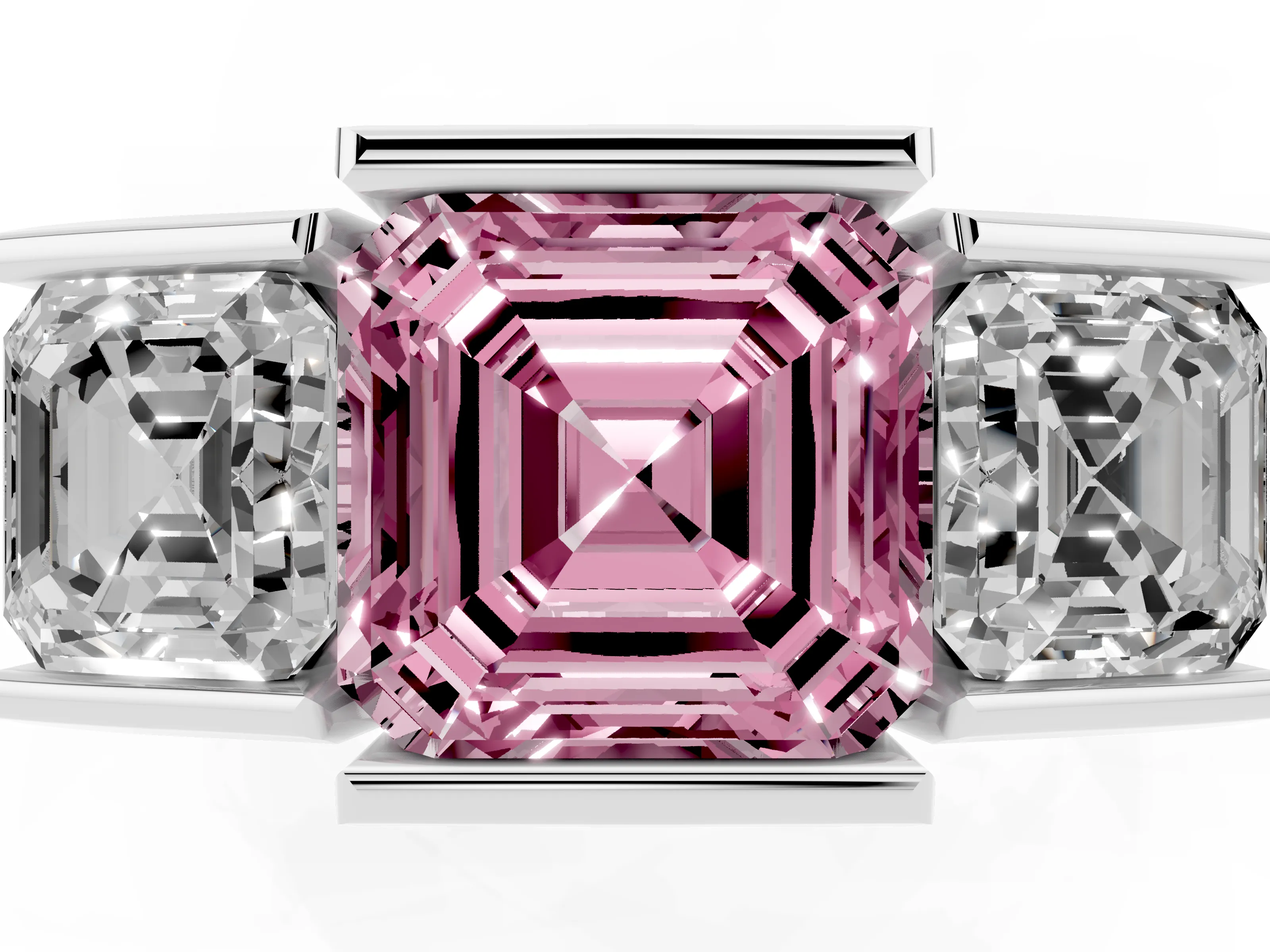 Fancy Pink Asscher Cut Diamond Three-Stone Channel Set Ring Set in White gold with Smooth Polished Band