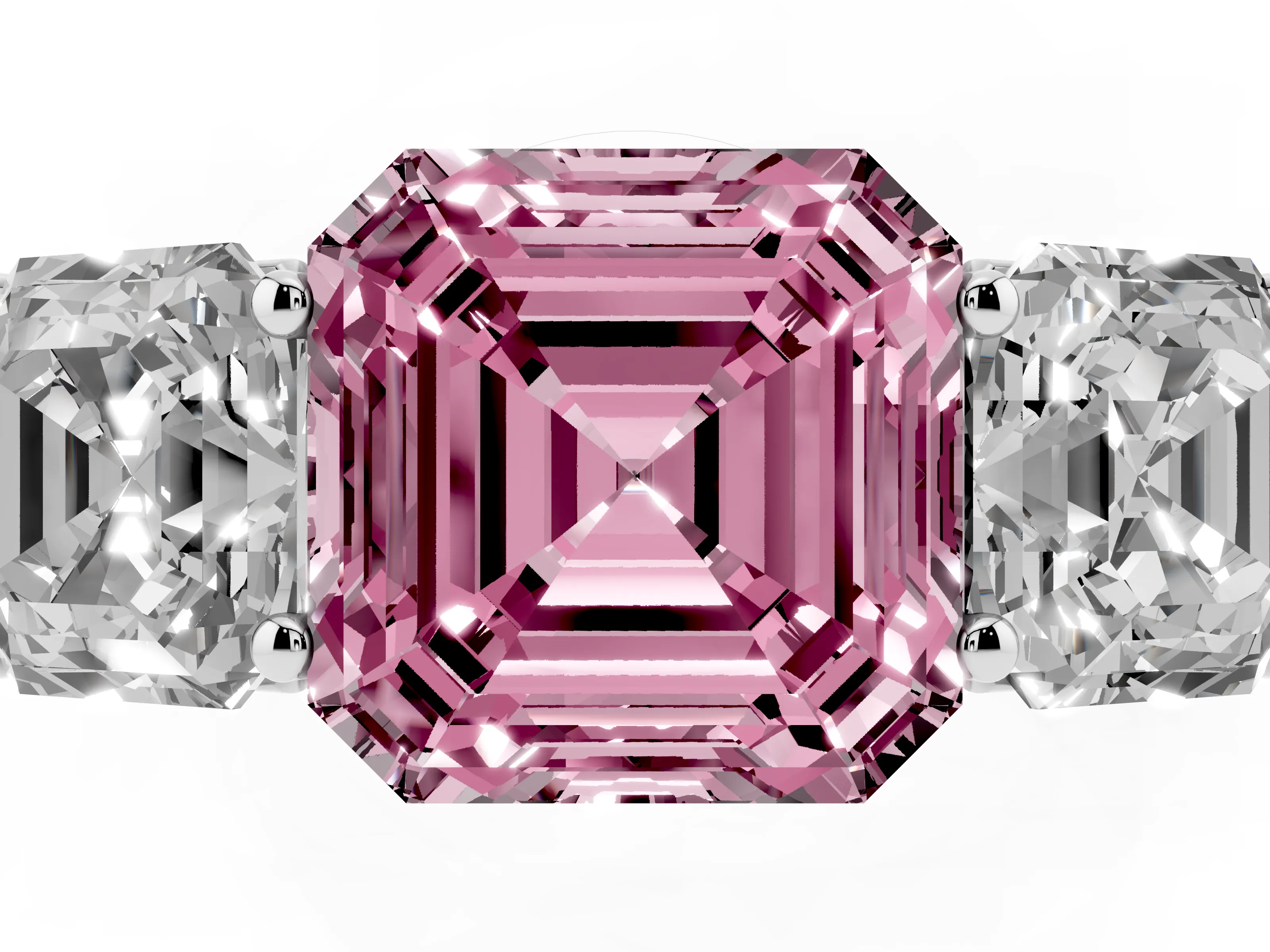 Fancy Pink Asscher Cut Diamond Three-Stone Ring Set in White gold with Plain Polished Band