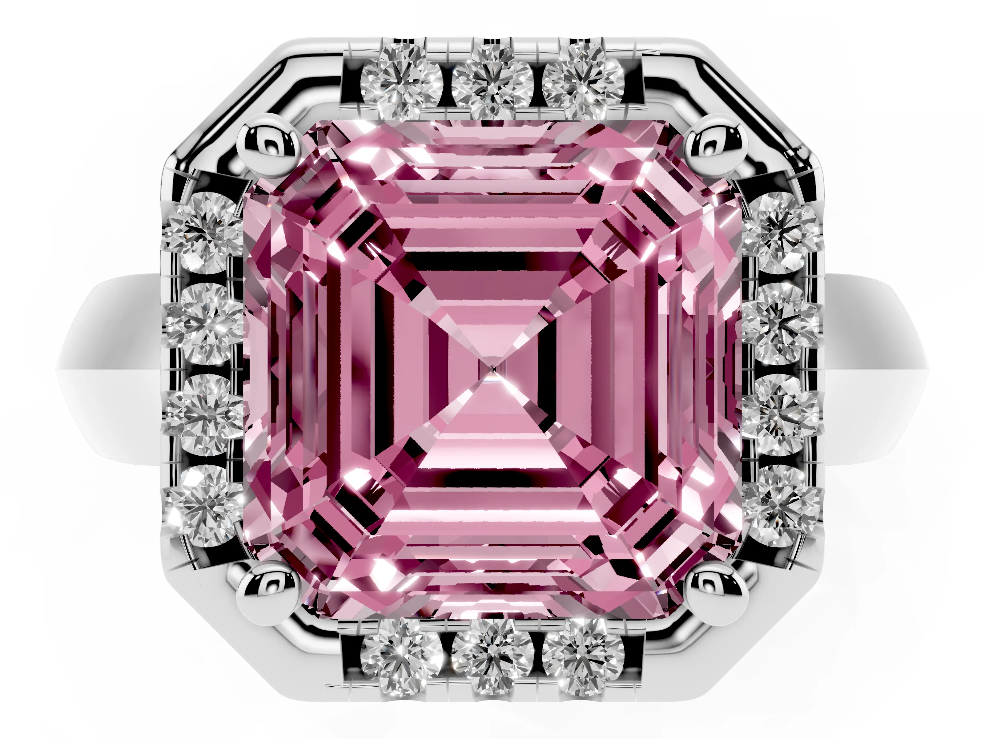 Fancy Pink Asscher Cut Diamond Halo Solitaire Engagement Ring Set in Platinum with Square Band and Prong Setting