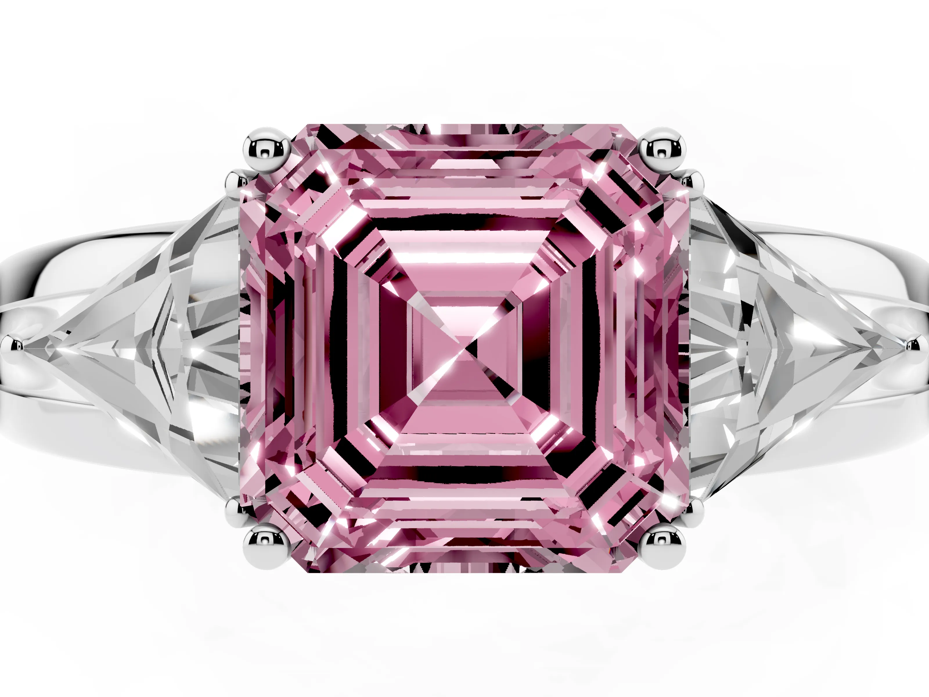 Fancy Pink Asscher Cut Diamond Three-Stone Ring Set in White gold with Trillion Side Stones and Split Shank