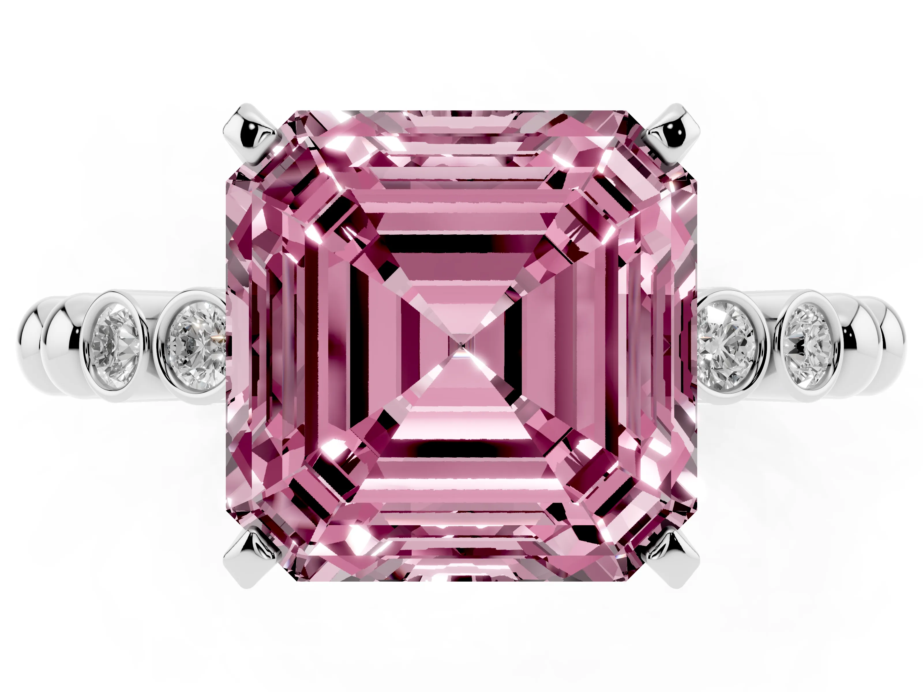 Fancy Pink Asscher Cut Diamond Solitaire Engagement Ring Set in Platinum with Bezel Accents on Beaded Band