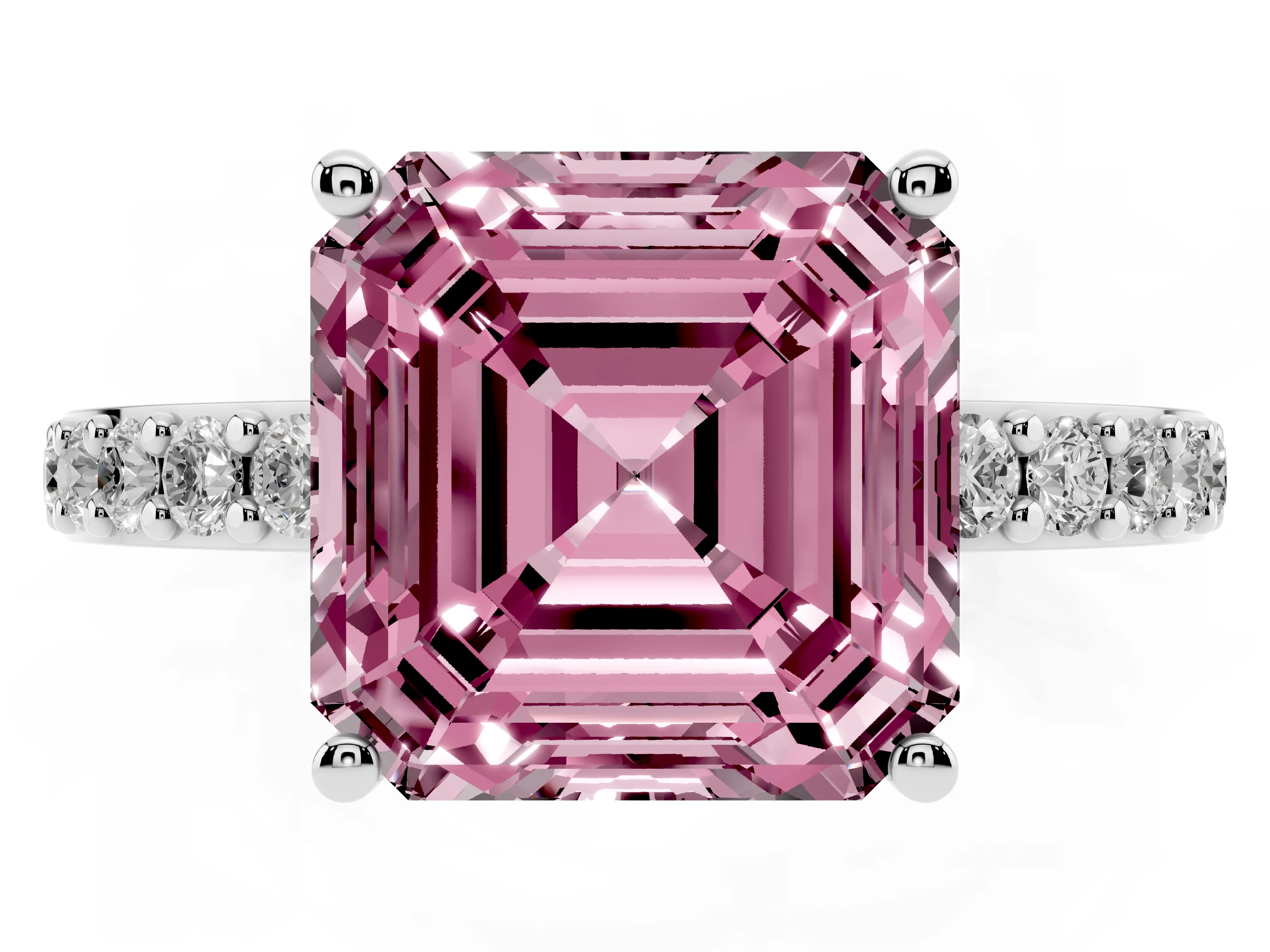 Fancy Pink Asscher Cut Diamond Solitaire Set in White gold with Round Pavé Band and Prong Setting