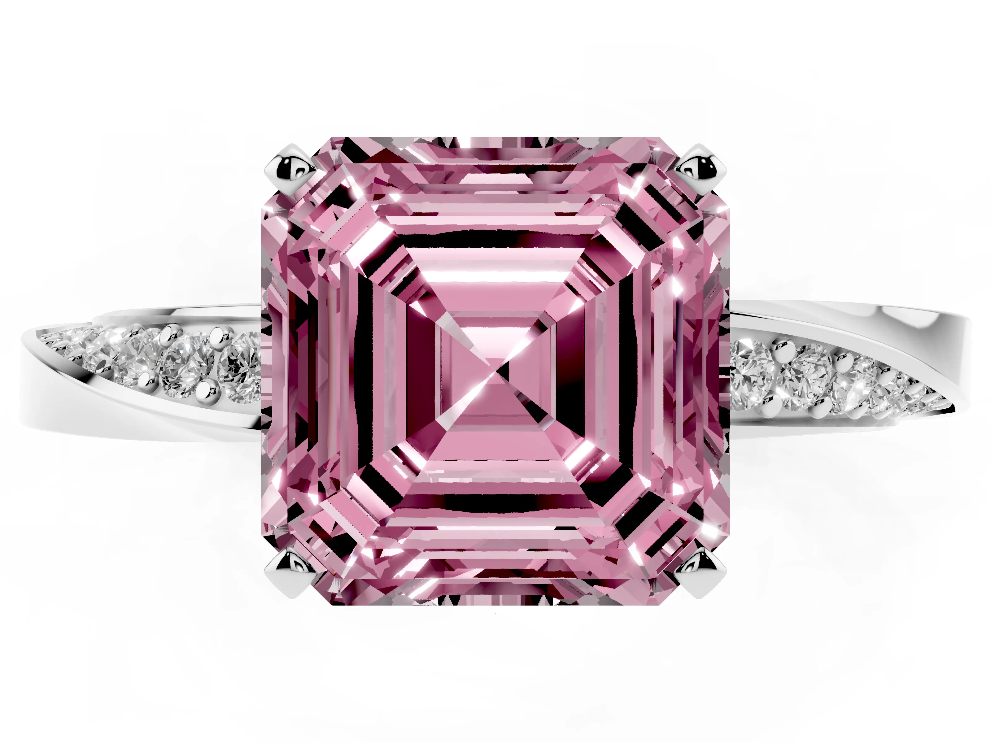 Fancy Pink Asscher Cut Diamond Engagement Ring Set in White gold with Side Stone Accents and Prong Setting