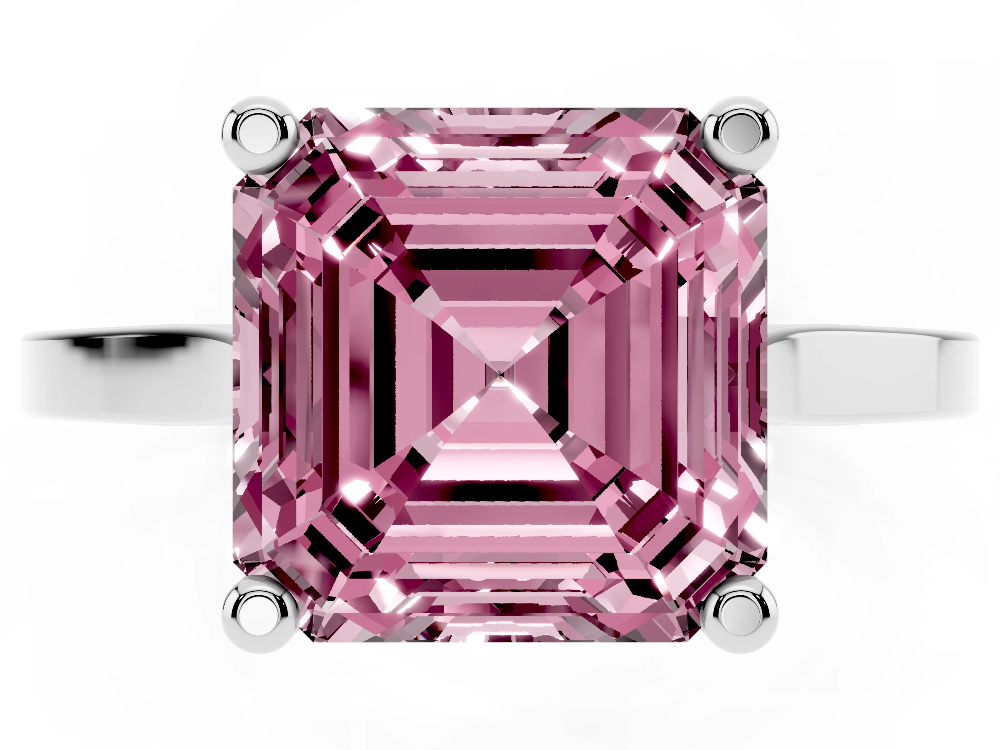 Fancy Pink Asscher Cut Diamond Solitaire Ring Set in White gold with Prong Setting and Tapered Band