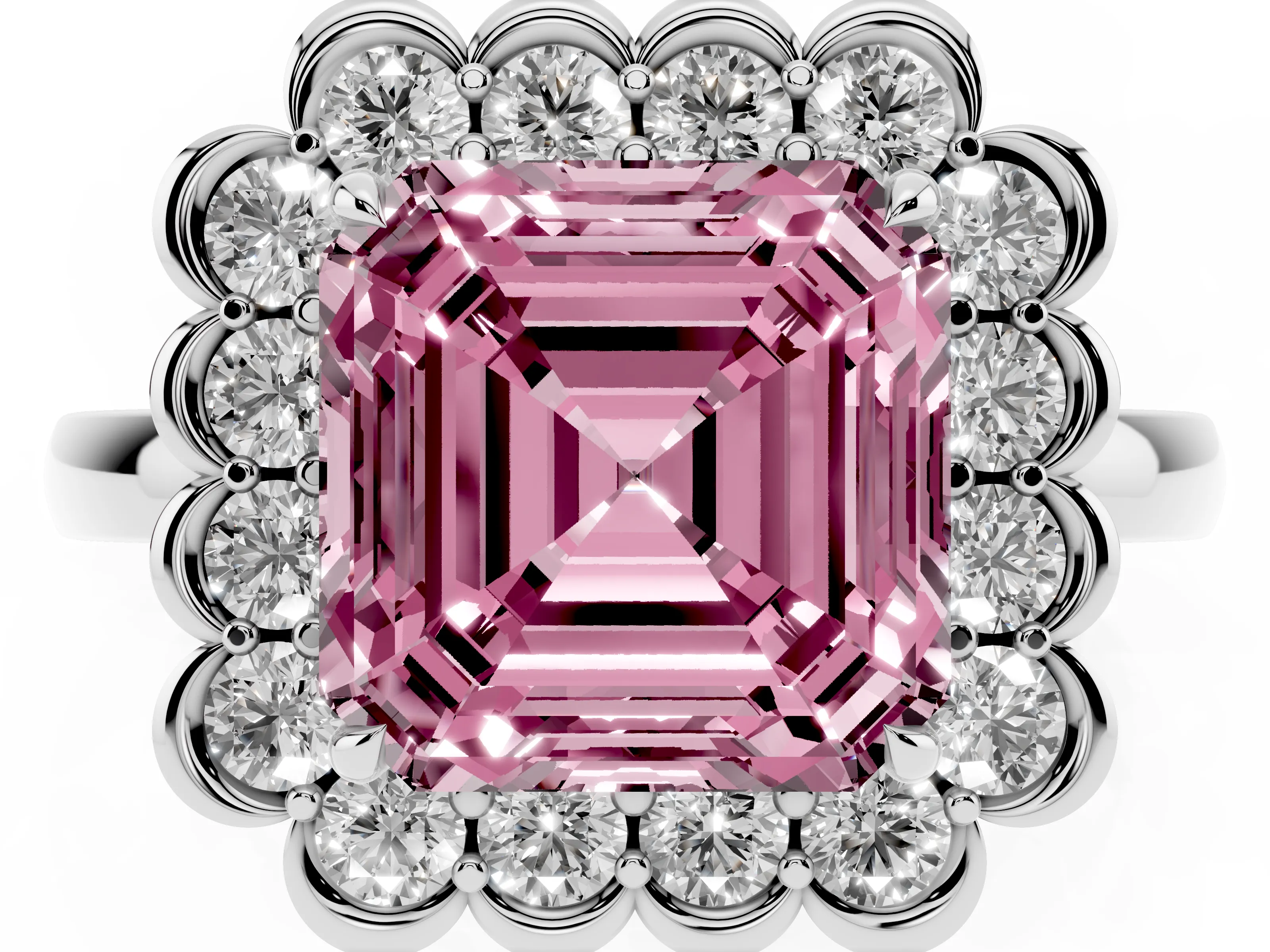 Fancy Pink Asscher Cut Diamond Halo Cluster Engagement Ring Set in Platinum with Solitaire Band and Prong Setting