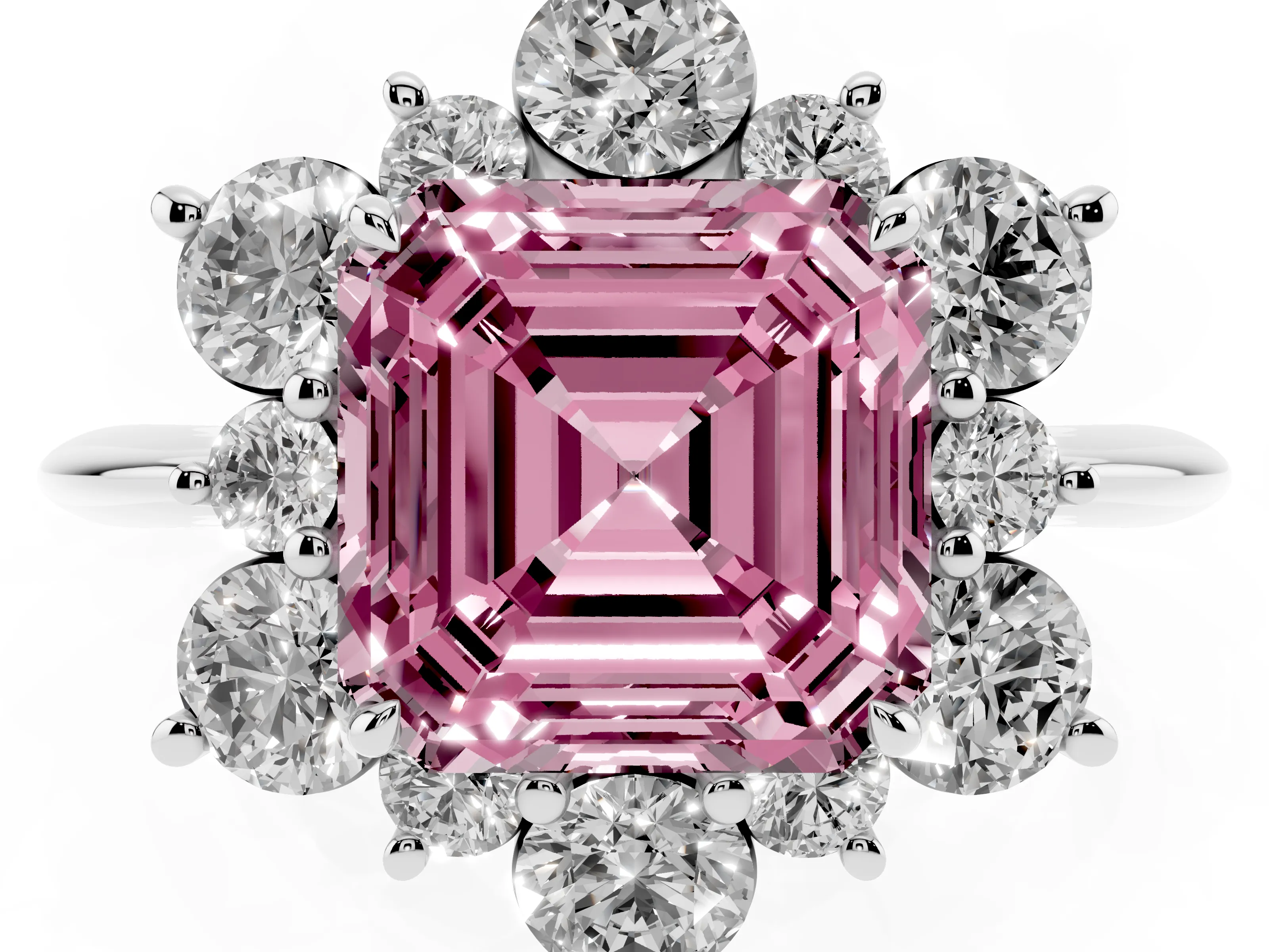 Fancy Pink Asscher Cut Diamond Cluster Halo Ring Set in Platinum with Solitaire Band and Prong Setting