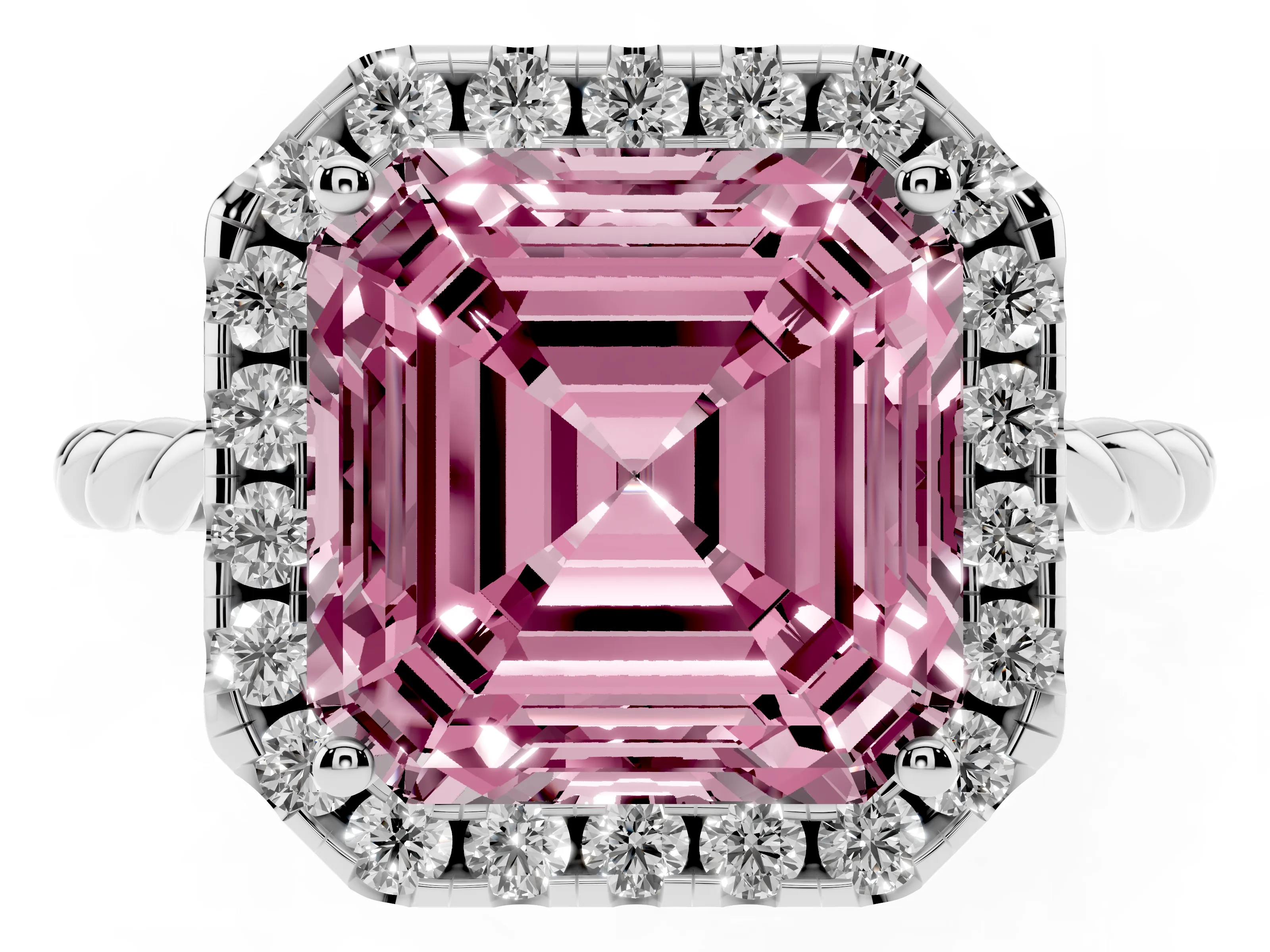 Fancy Pink Asscher Cut Diamond Halo Ring Set in Platinum with Plain Twisted Band