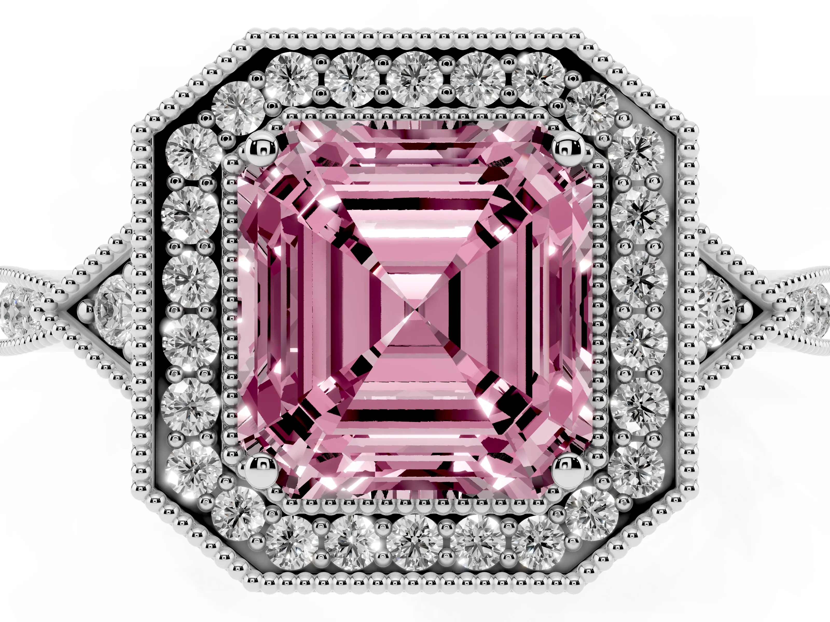 Fancy Pink Asscher Cut Diamond Halo Engagement Ring Set in White gold with Milgrain Pavé Band