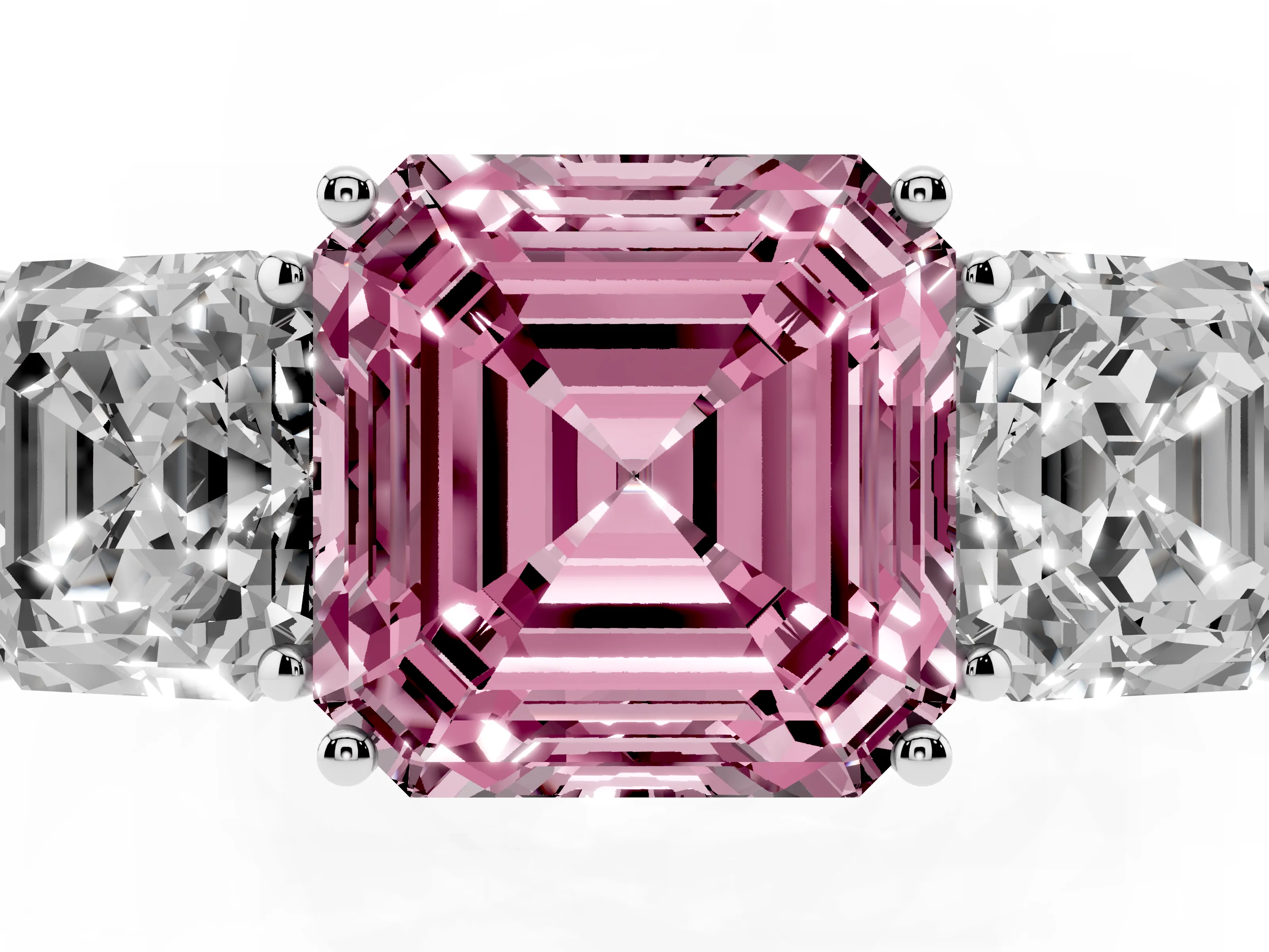 Fancy Pink Asscher Cut Diamond Three-Stone Ring Set in White gold with Textured Band