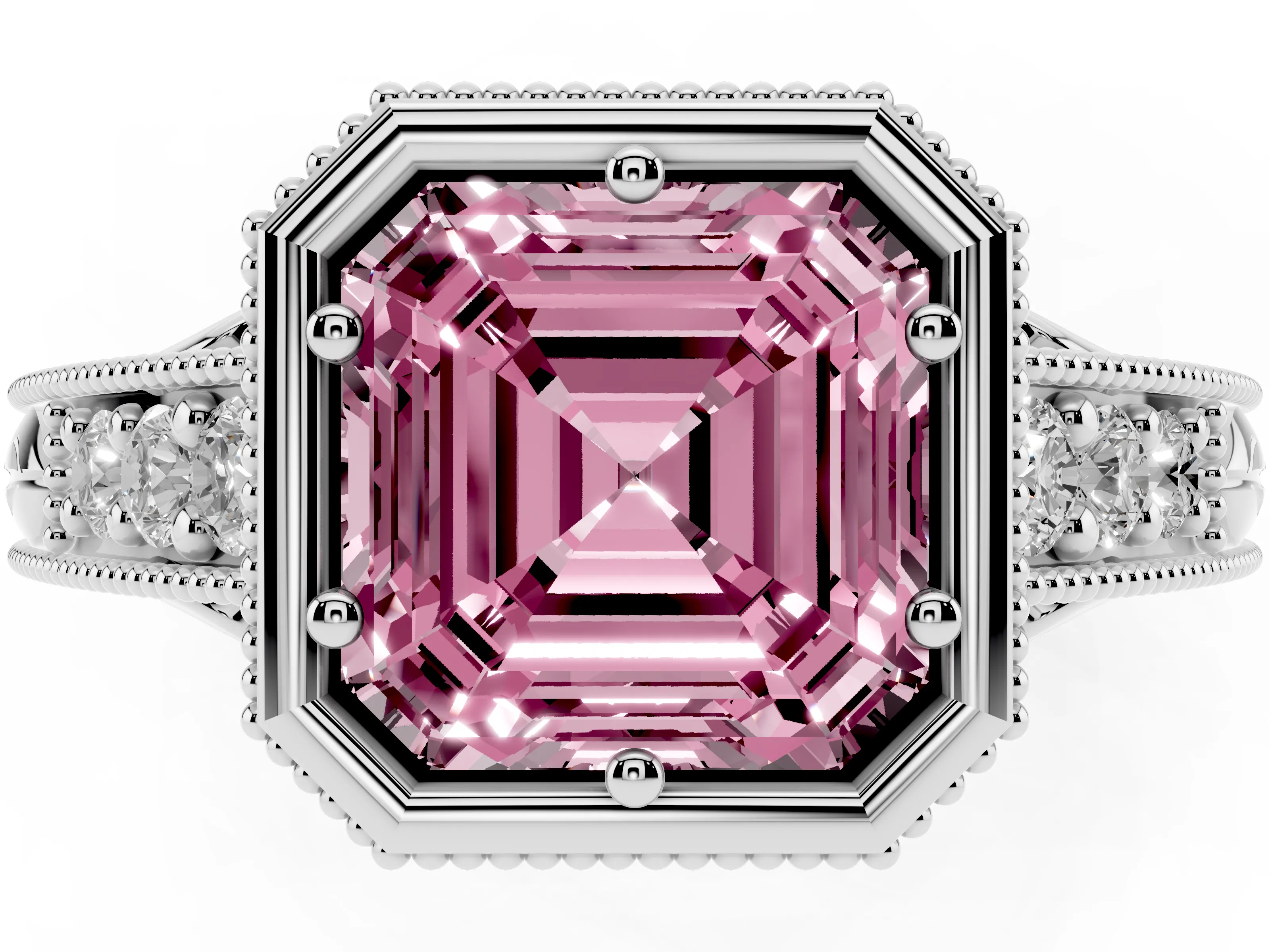 Fancy Pink Bezel Set Asscher Cut Diamond Milgrain Pavé Engagement Ring Set in Silver