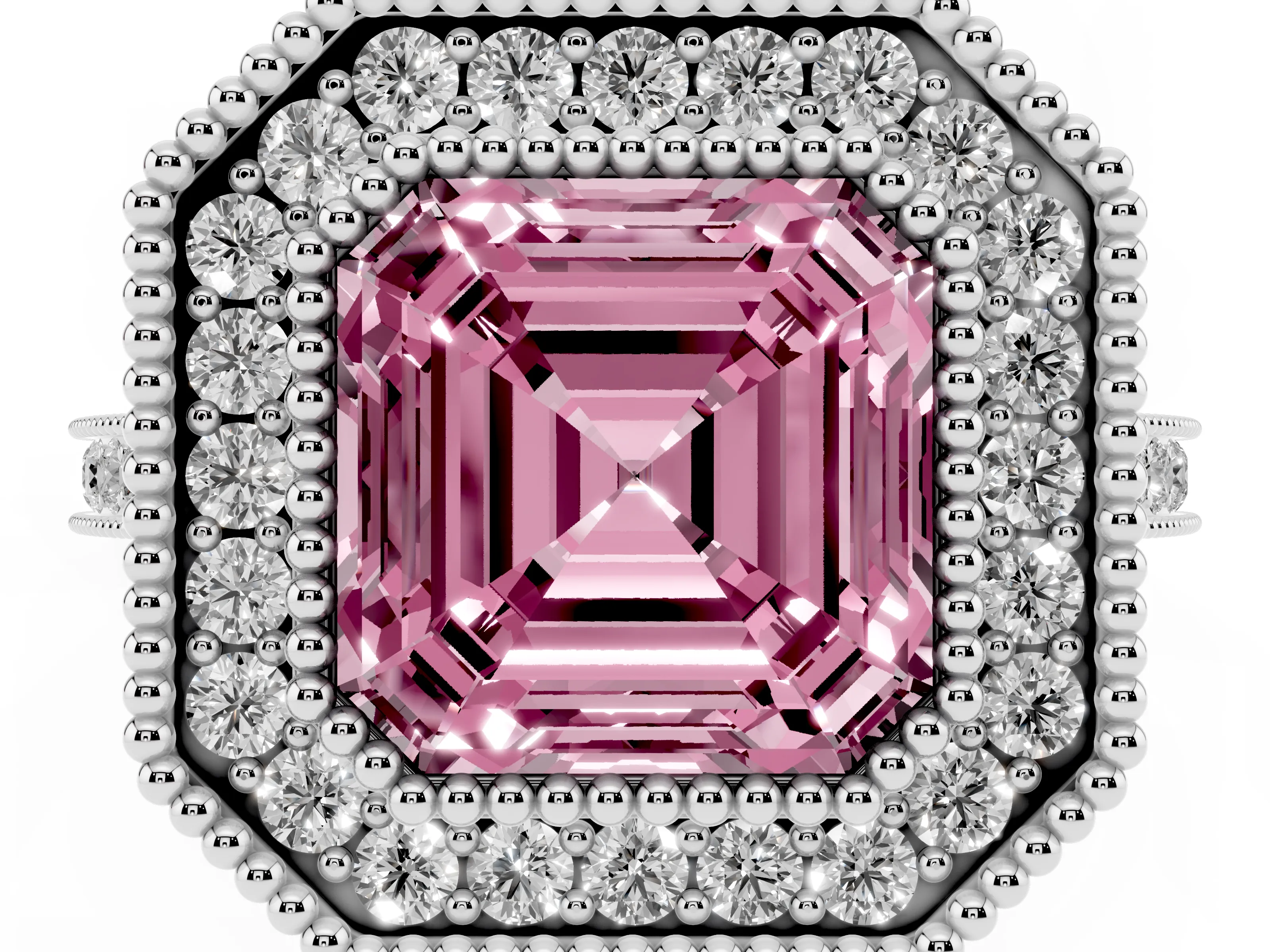 Fancy Pink Asscher Cut Diamond Halo Ring Set in White gold with Milgrain Frame and Pavé Band