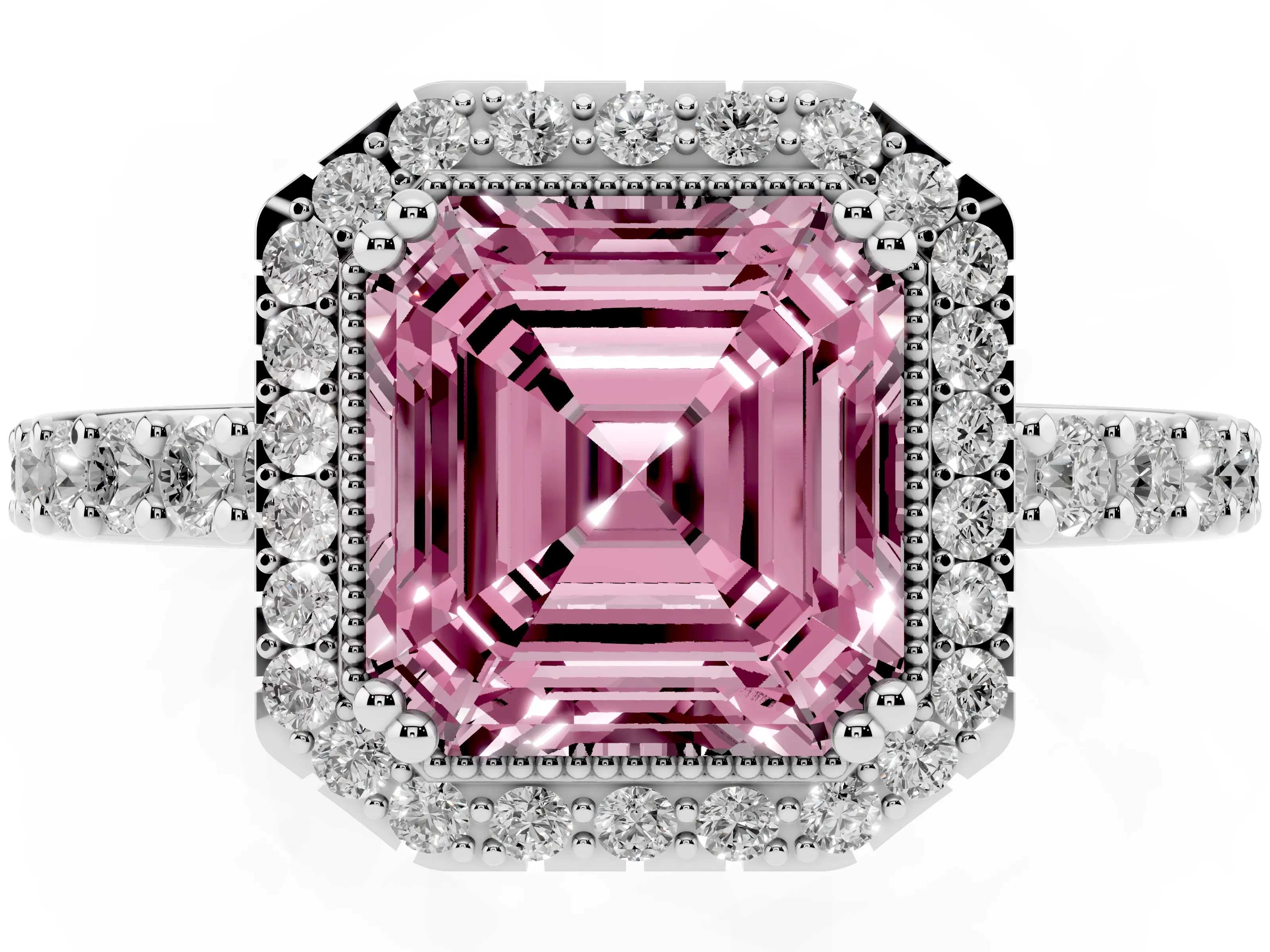 Fancy Pink Asscher Cut Diamond Halo Engagement Ring Set in White gold with Milgrain Detail and Pavé Band