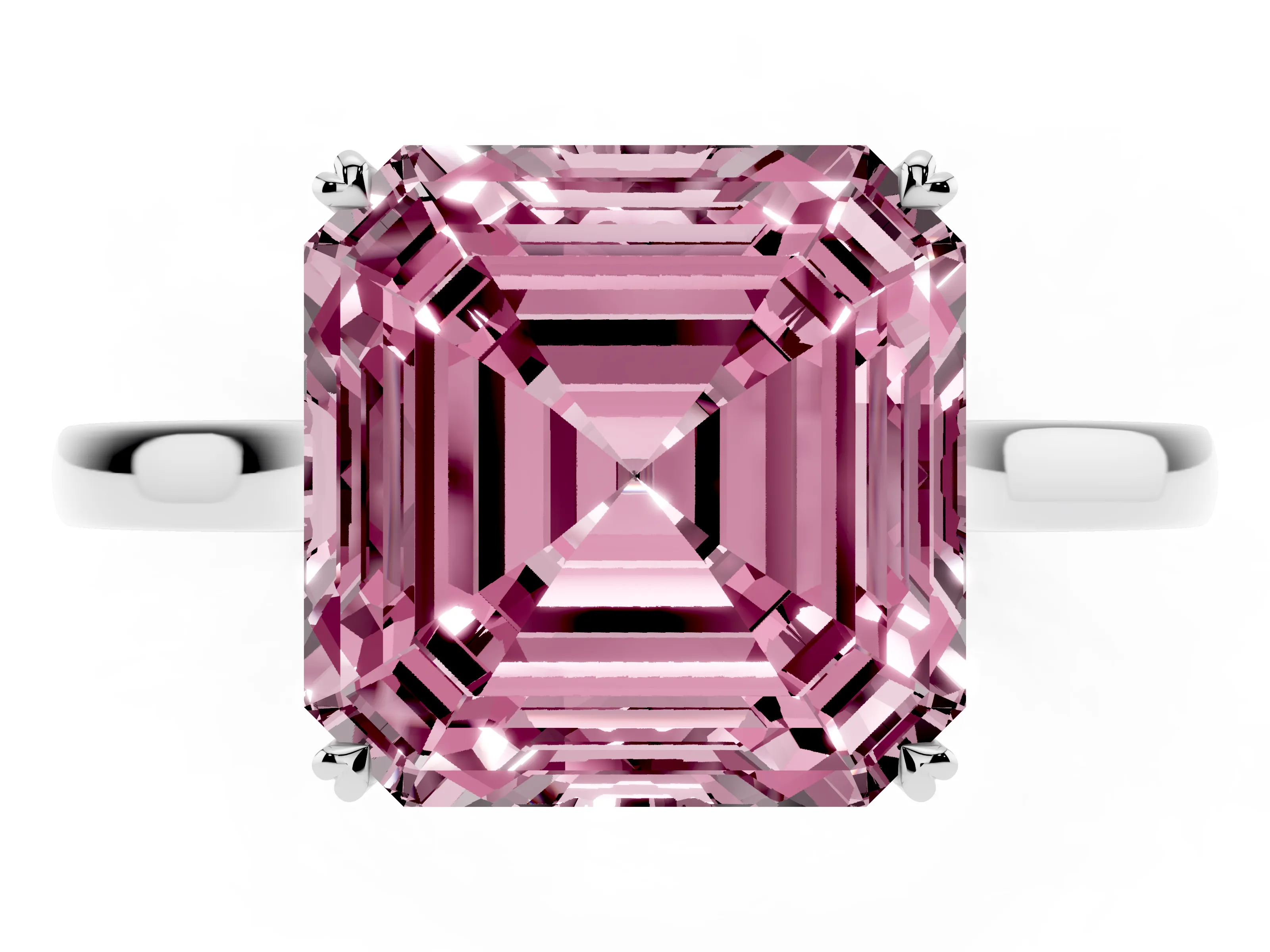 Fancy Pink Asscher Cut Diamond Solitaire Heart Prong Engagement Ring Set in White gold with Tapered Band