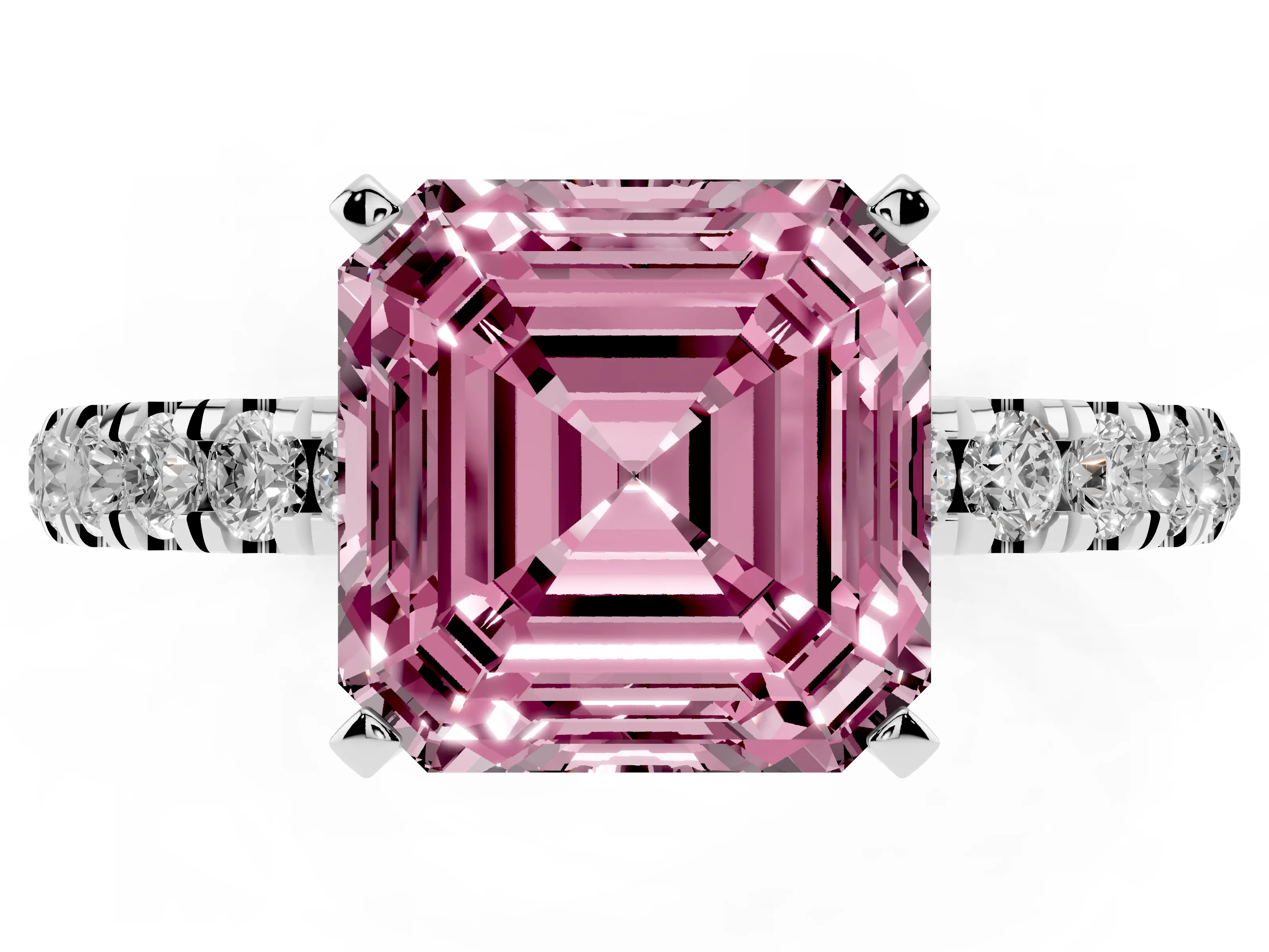 Fancy Pink Asscher Cut Diamond Solitaire Ring Set in Silver with Pavé Accents and Prong Setting