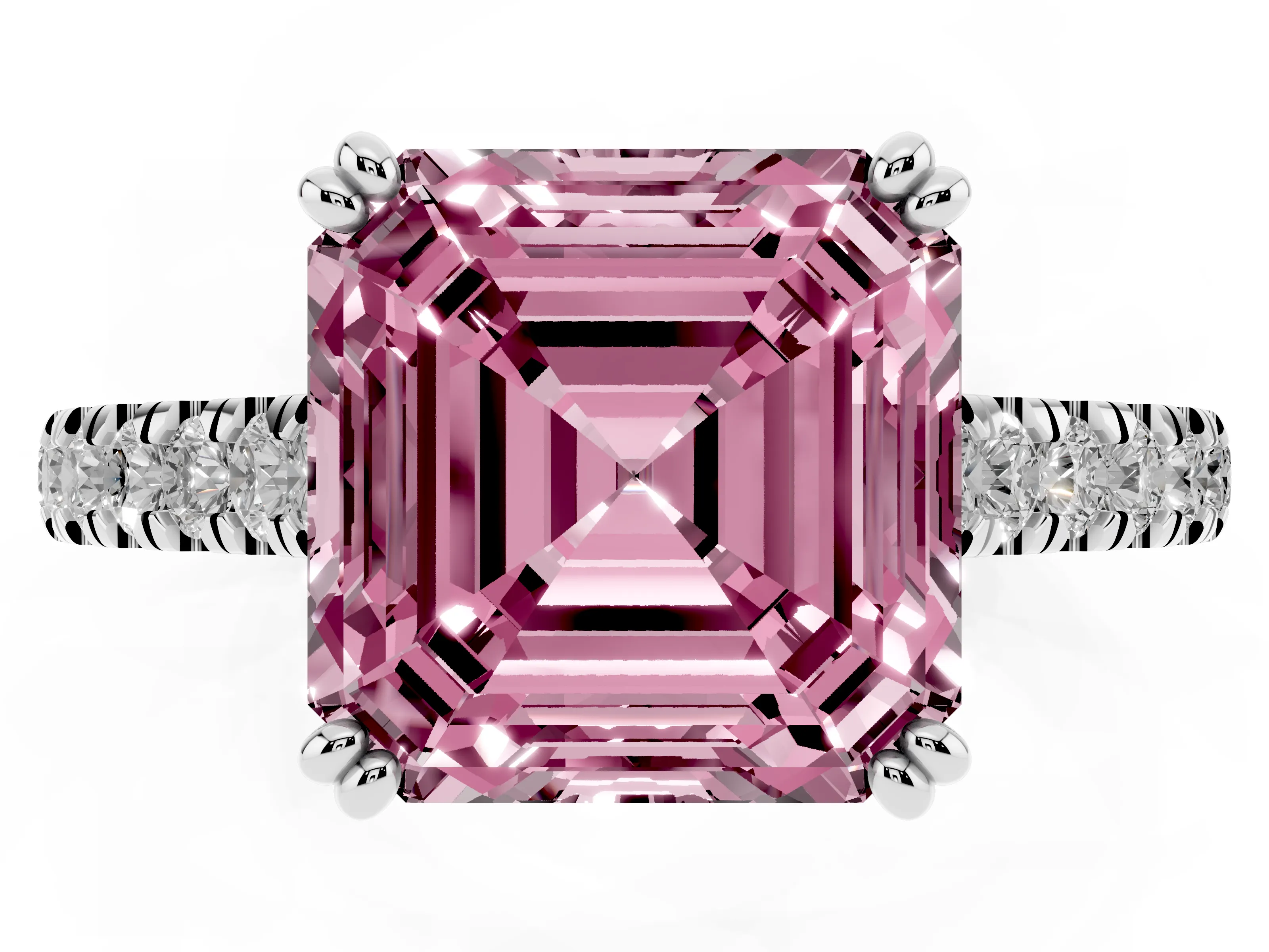 Fancy Pink Asscher Cut Diamond Solitaire Engagement Ring Set in Platinum with Pavé Accents and Prong Setting