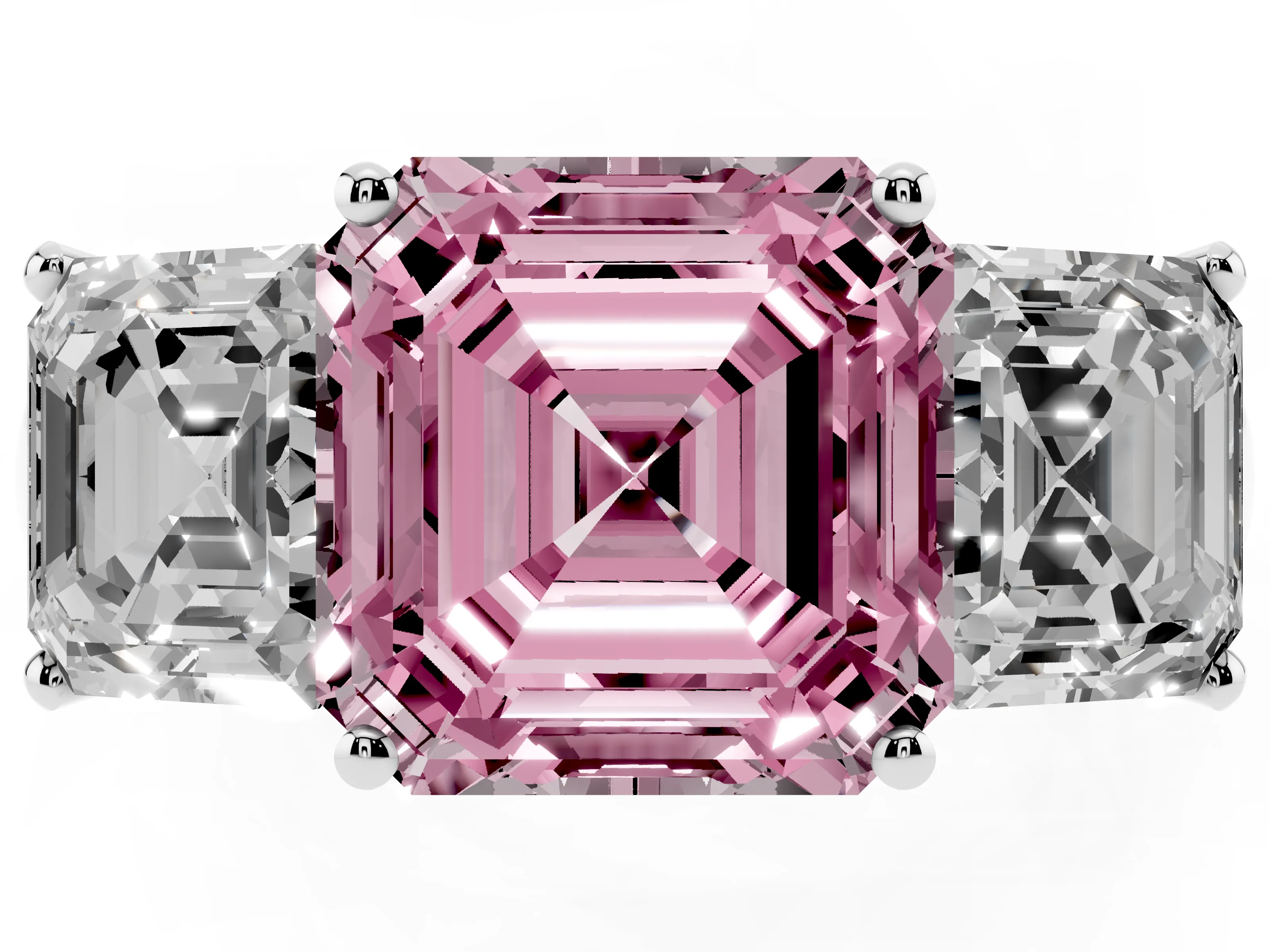 Fancy Pink Asscher Cut Diamond Three-Stone Ring Set in Platinum with Classic Prong Setting and Plain Band