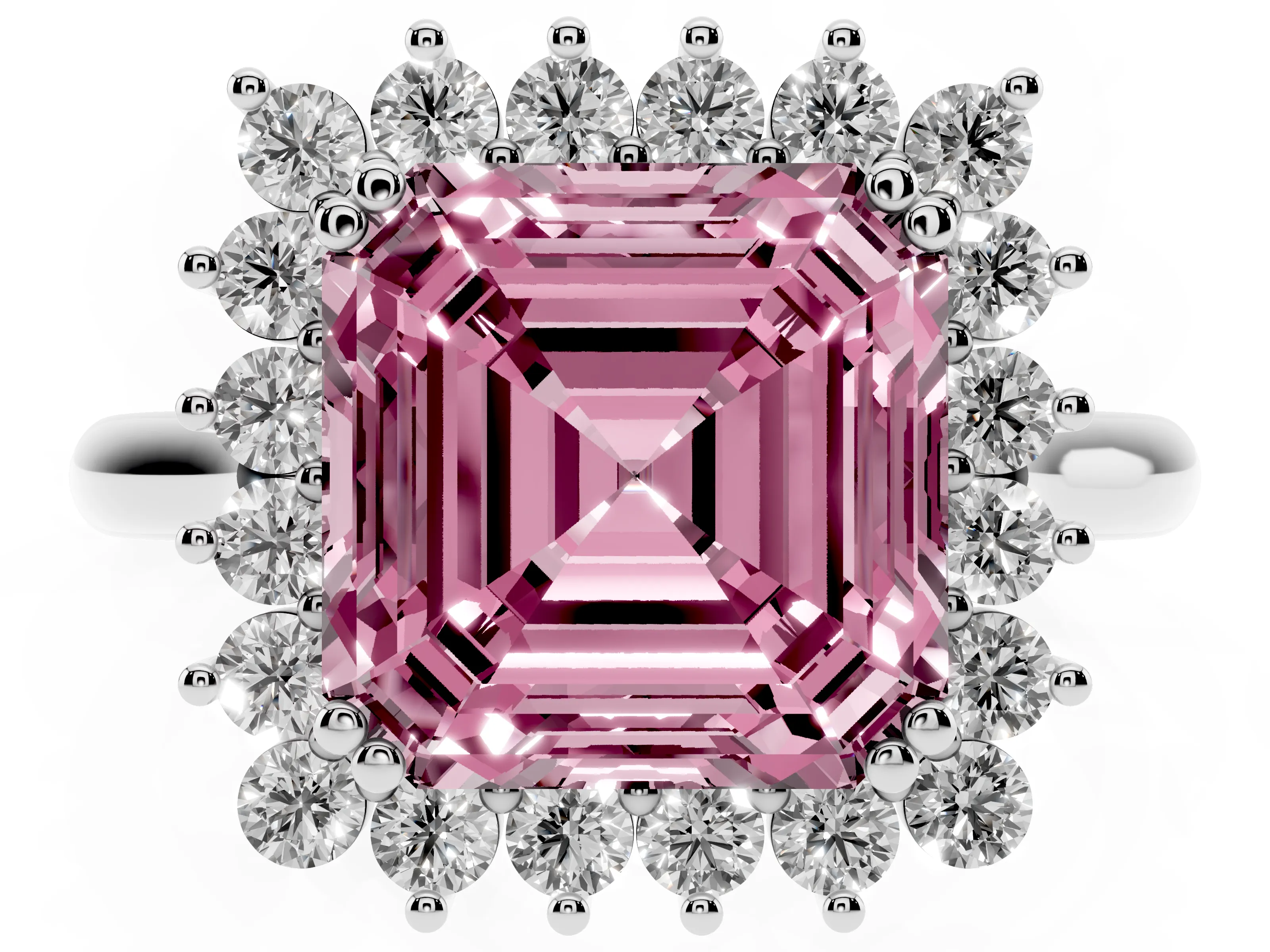 Fancy Pink Asscher Cut Diamond Halo Ring Set in Platinum with Plain Solitaire Band and Prong Setting
