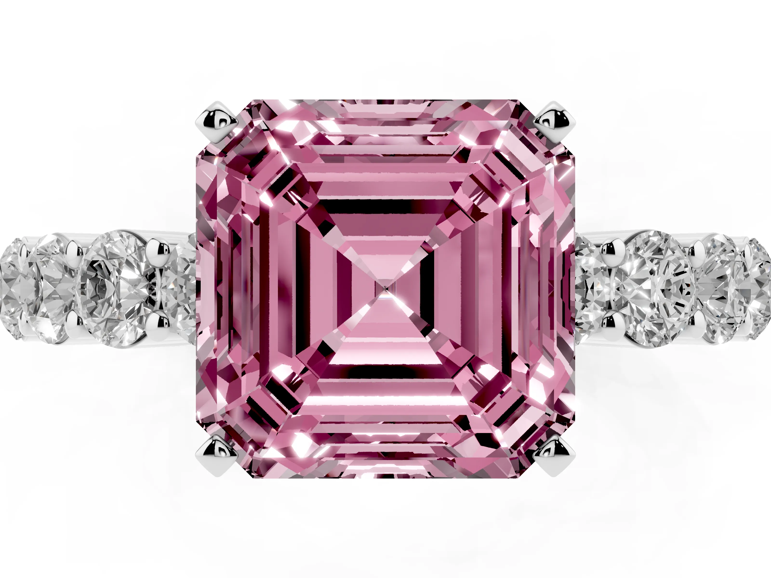 Fancy Pink Asscher Cut Diamond Solitaire Ring Set in White gold with Shared Prong Round Side Stones