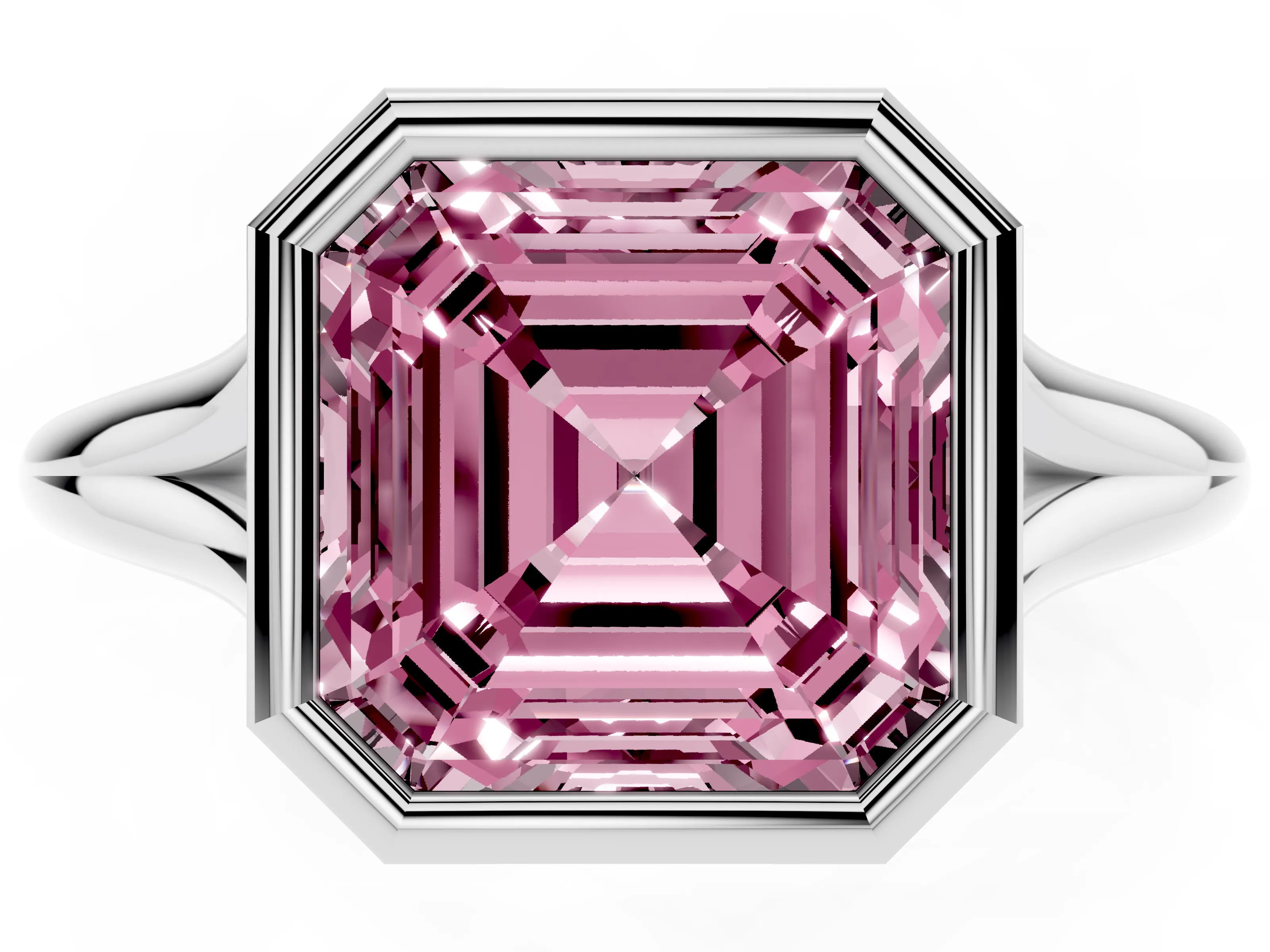 Fancy Pink Bezel Set Asscher Cut Diamond Solitaire Ring Set in Platinum with Tapered Band