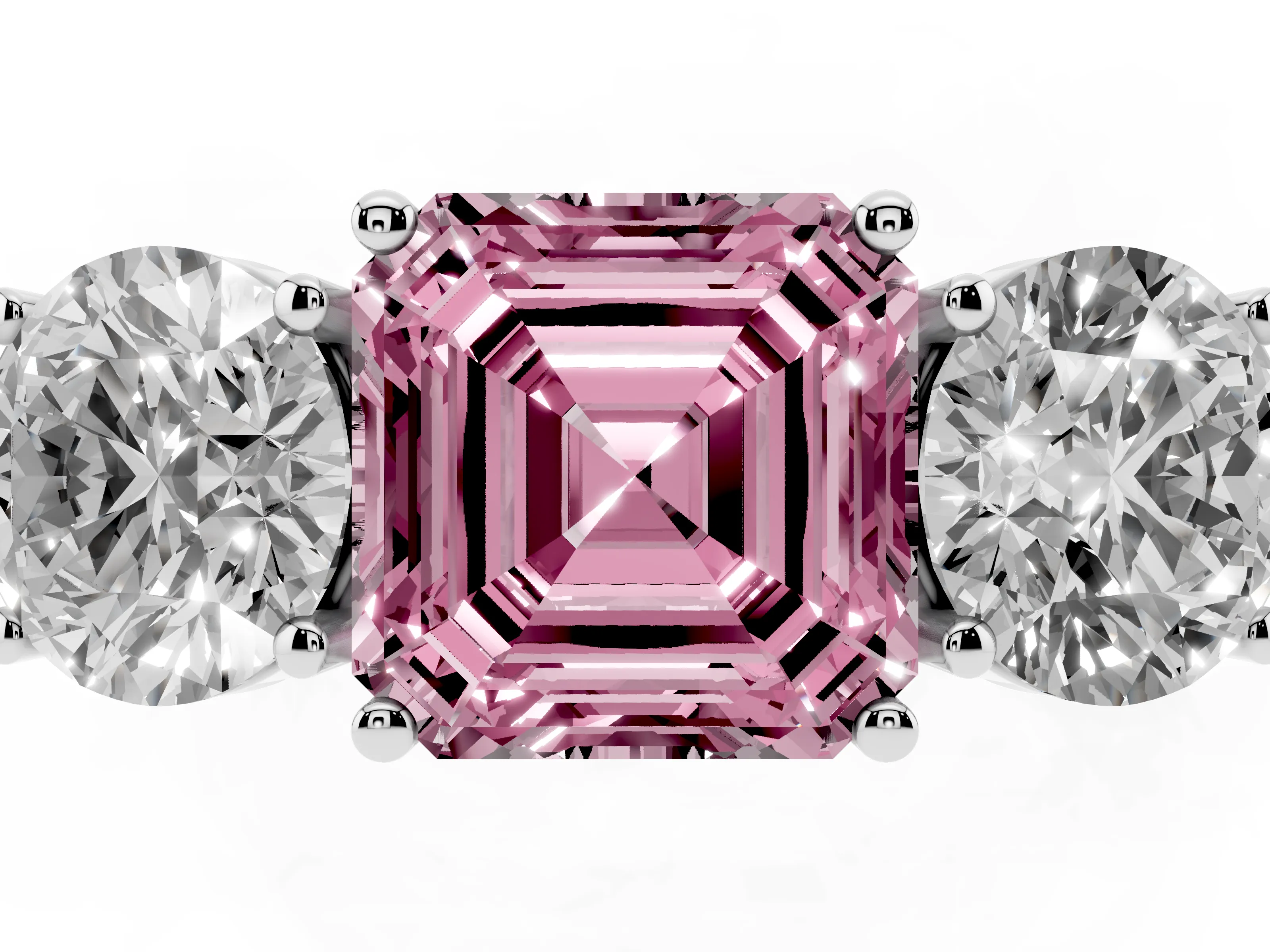 Fancy Pink Asscher Cut Diamond Three-Stone Ring Set in Platinum with Channel-Set Accent Band