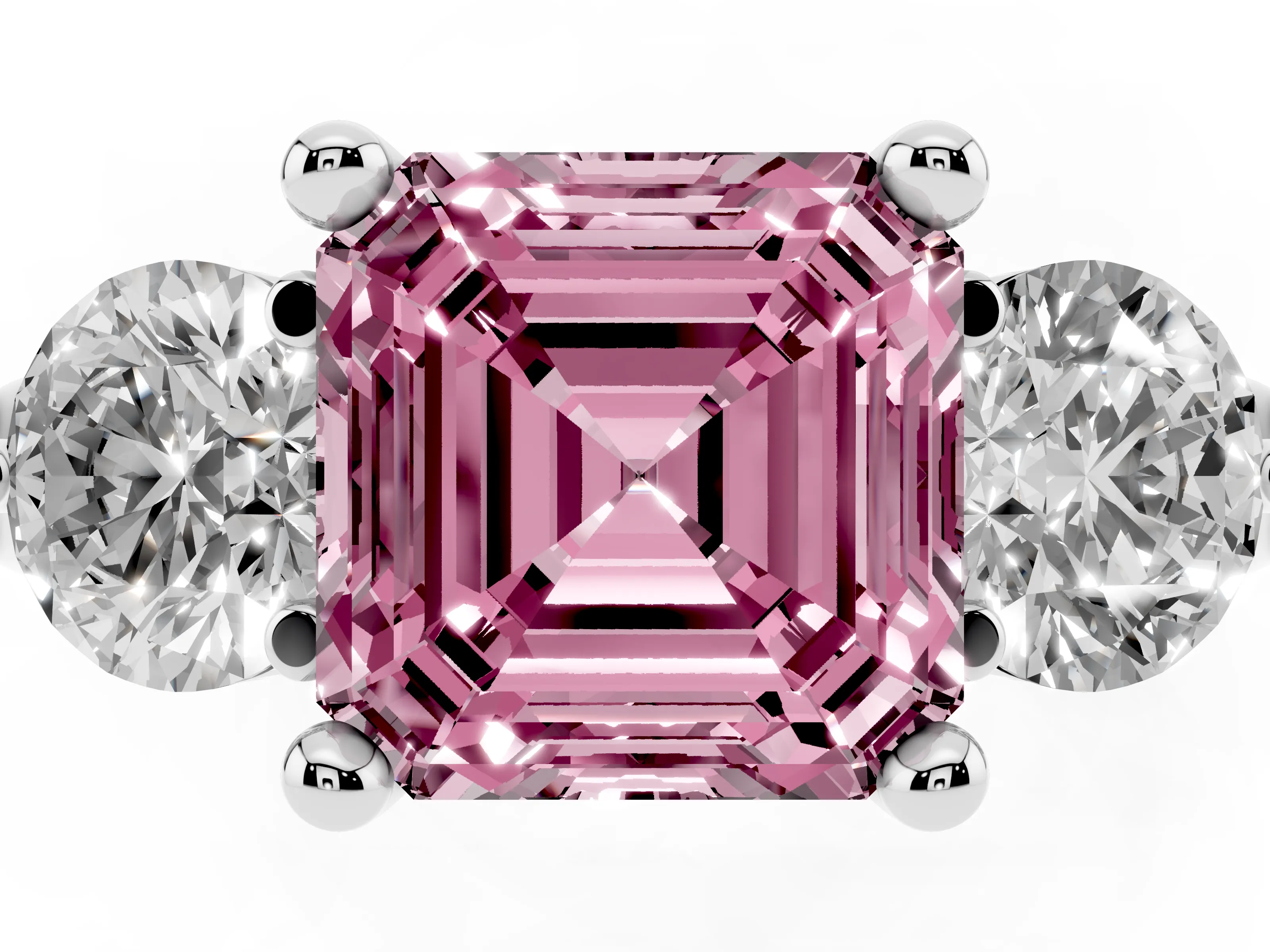 Fancy Pink Asscher Cut Diamond Three-Stone Ring Set in White gold with Prong Setting and Classic Band