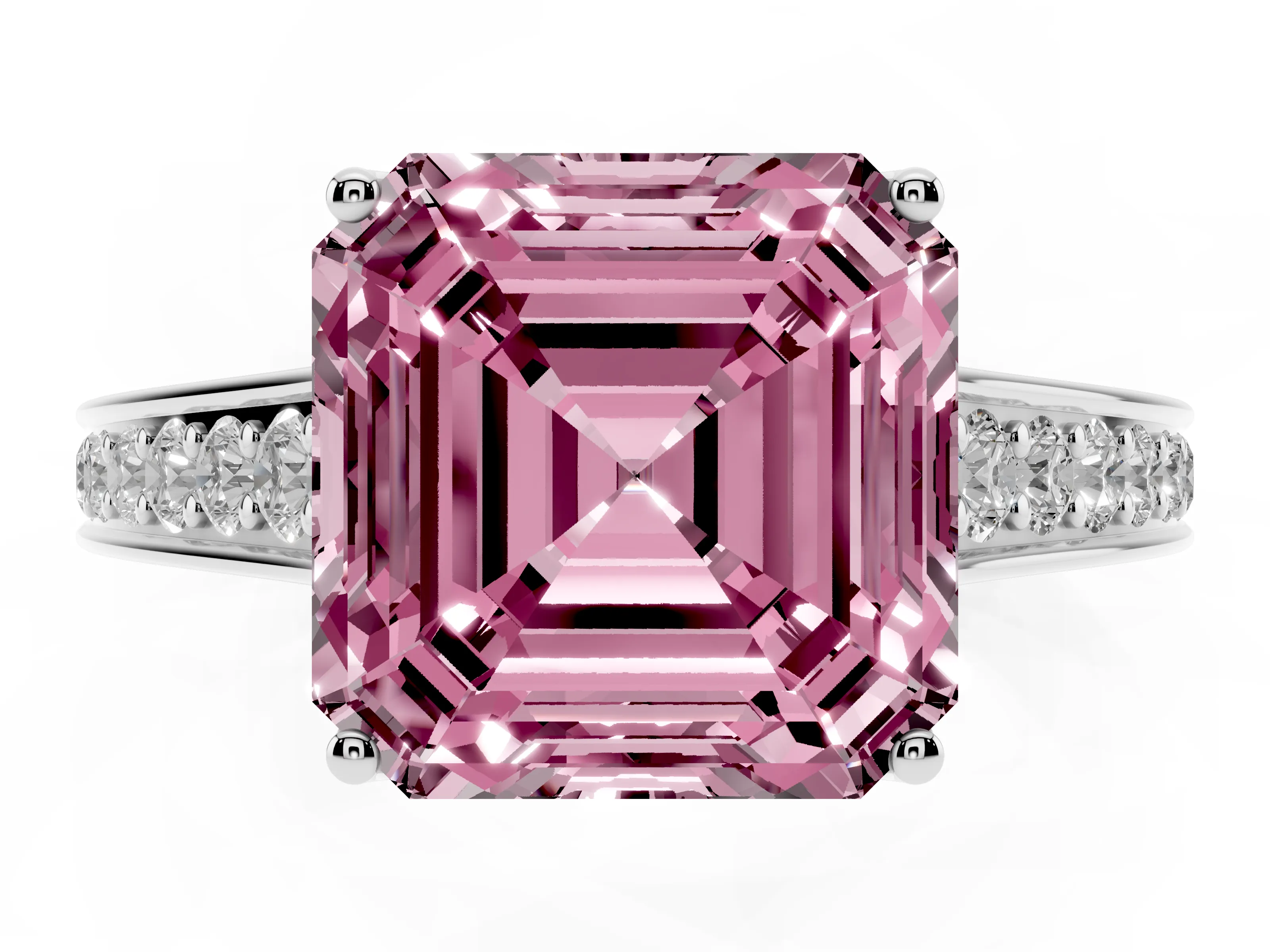 Fancy Pink Asscher Cut Diamond Solitaire Pavé Engagement Ring Set in Platinum with Prong Setting