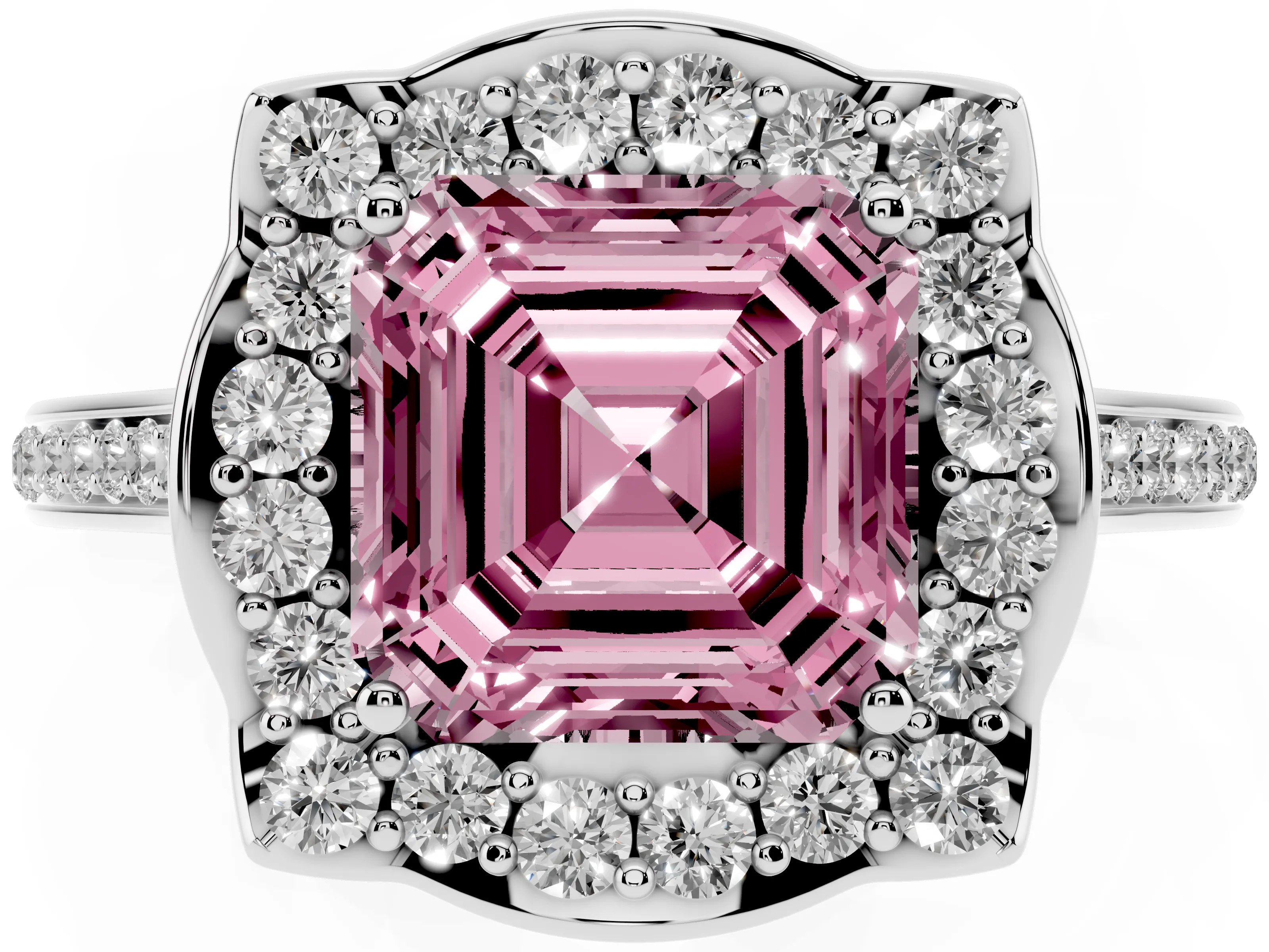 Fancy Pink Asscher Cut Diamond Halo Ring Set in Silver with Pavé-Lined Shoulders and Prong Setting