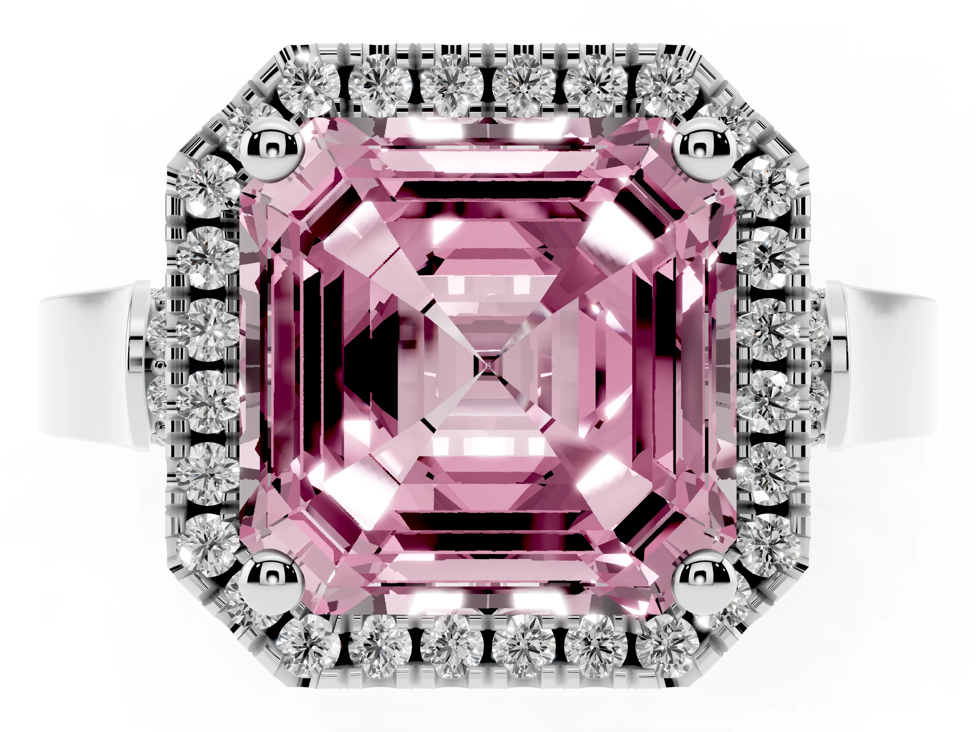 Fancy Pink Asscher Cut Diamond Halo Ring Set in Platinum with Pavé-Lined Split Shank Band