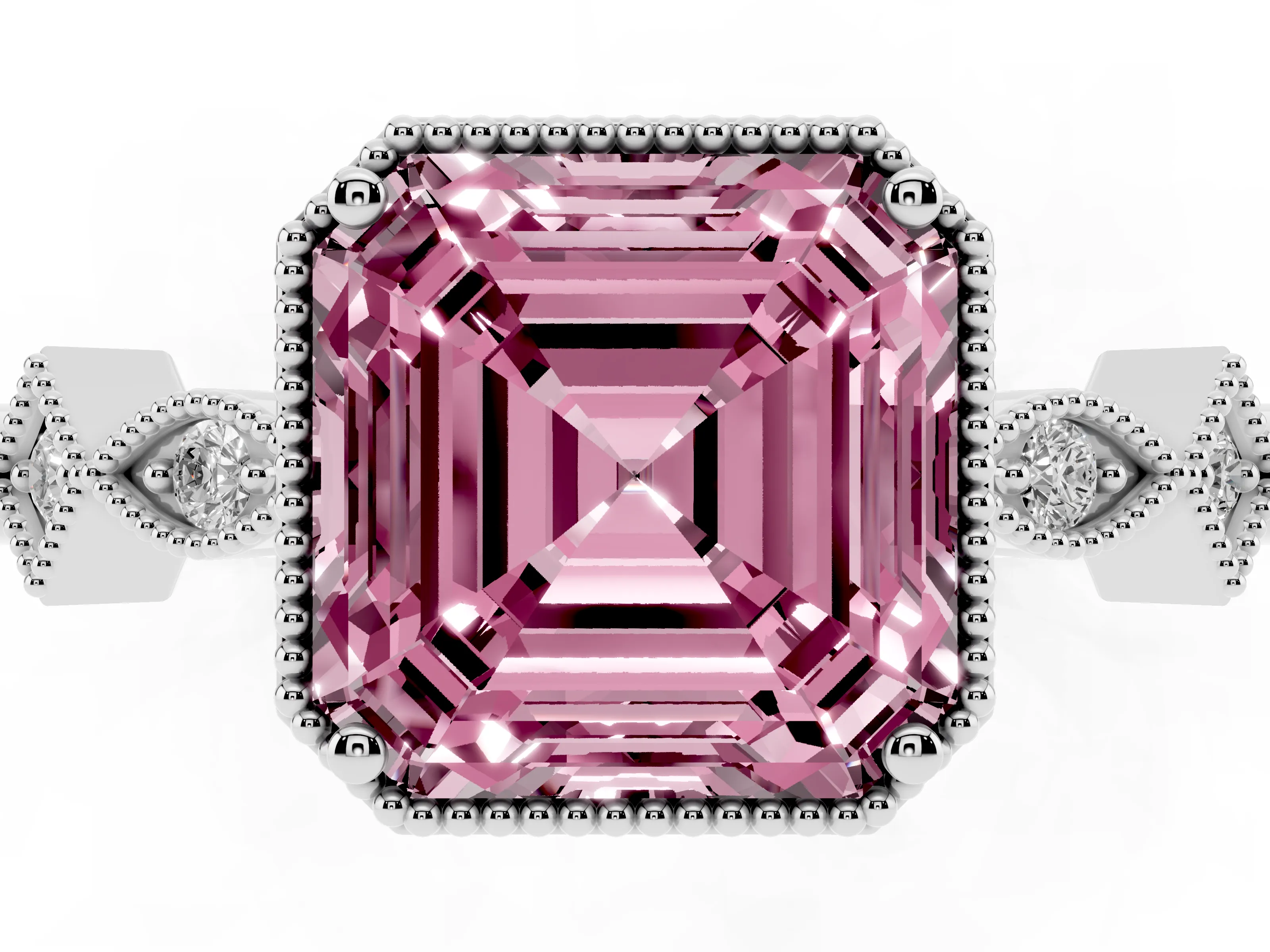 Fancy Pink Asscher Cut Diamond Milgrain Marquise Twist Band Ring Set in Silver with Prong Setting