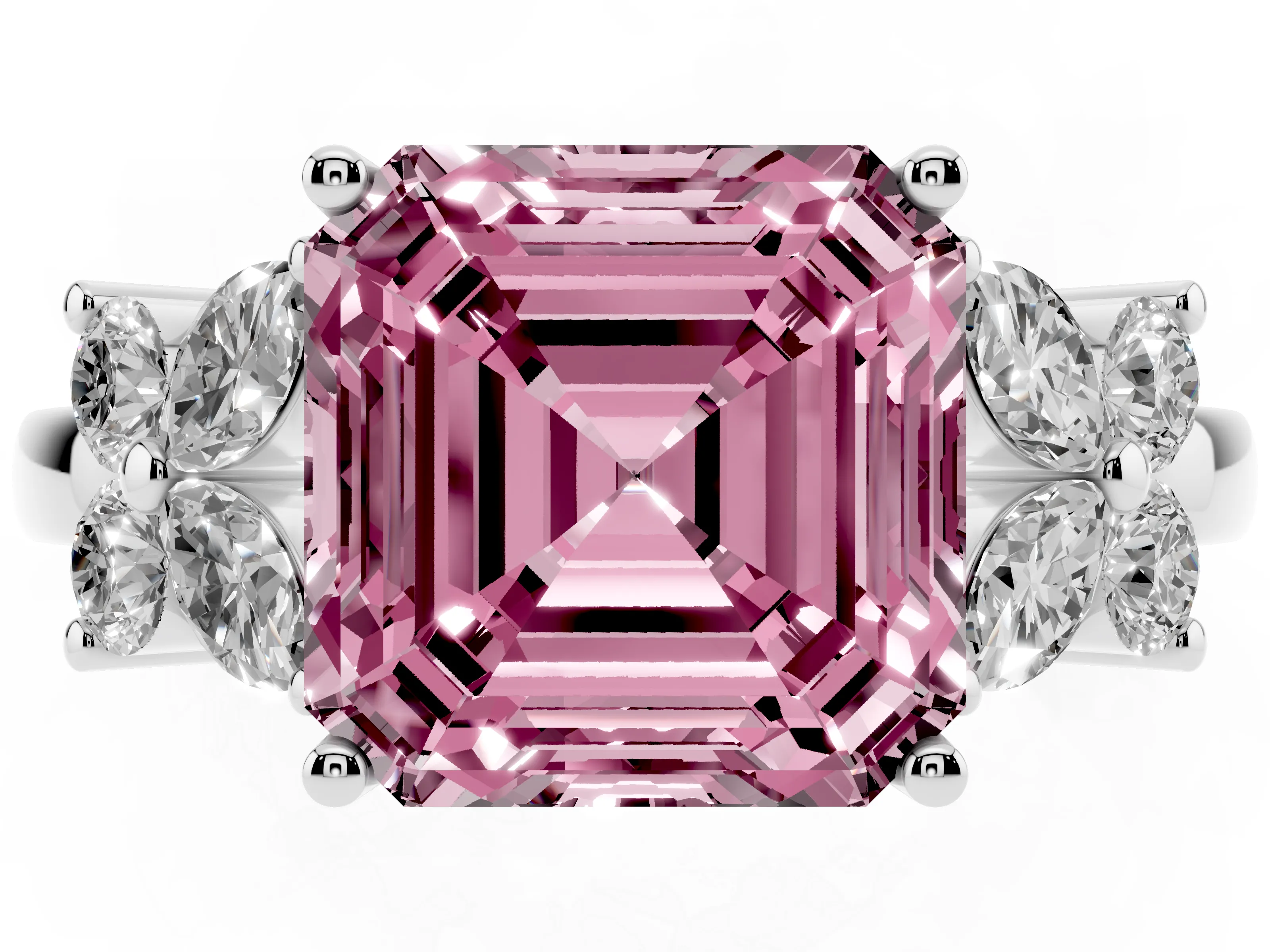 Fancy Pink Asscher Cut Diamond Floral Cluster Ring Set in White gold with Marquise Petals and Prong Setting