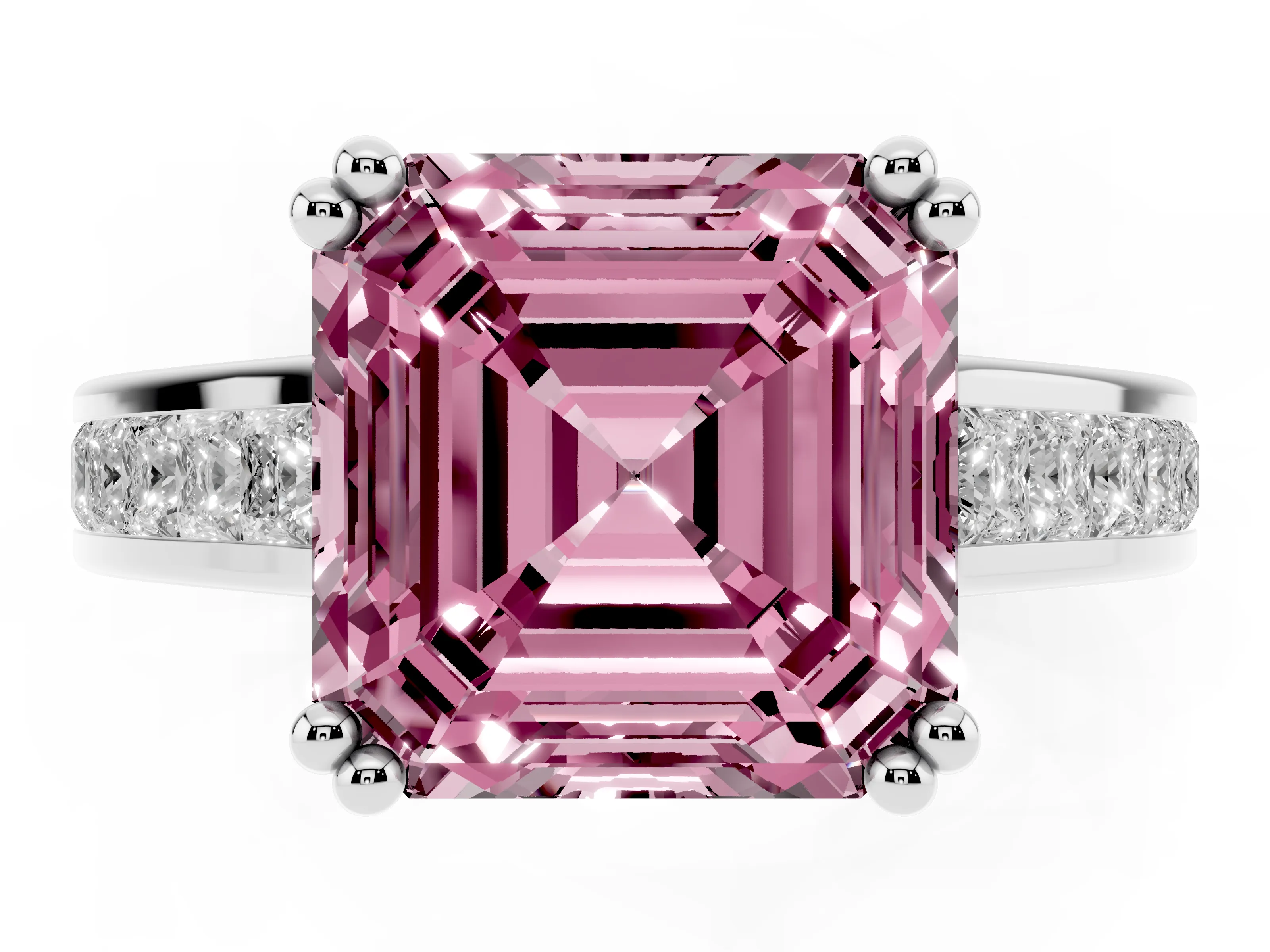 Fancy Pink Asscher Cut Diamond Channel Set Solitaire Engagement Ring Set in Silver with Prong Setting