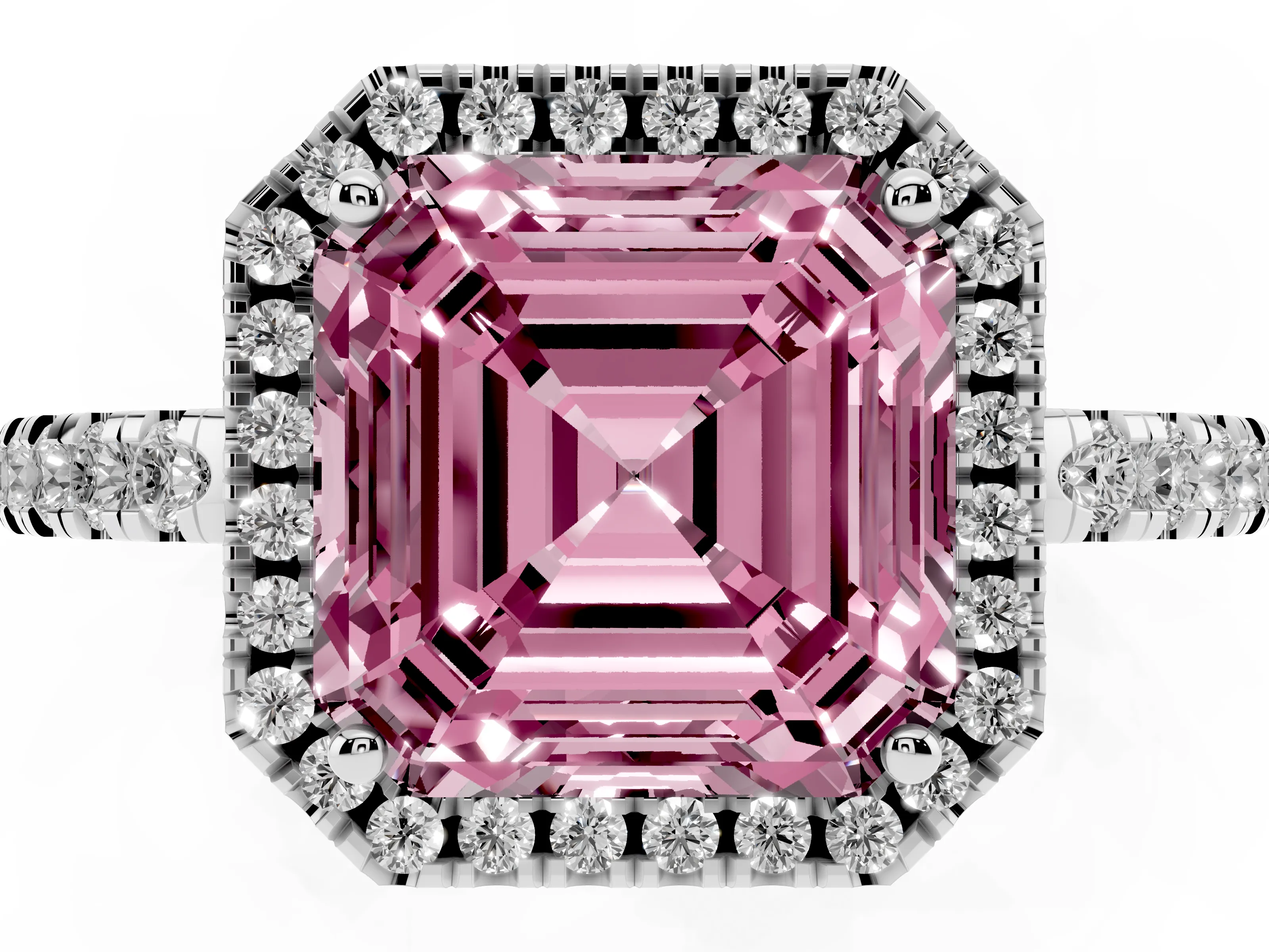 Fancy Pink Asscher Cut Diamond Pavé Band Halo Engagement Ring Set in White gold with Prong Setting