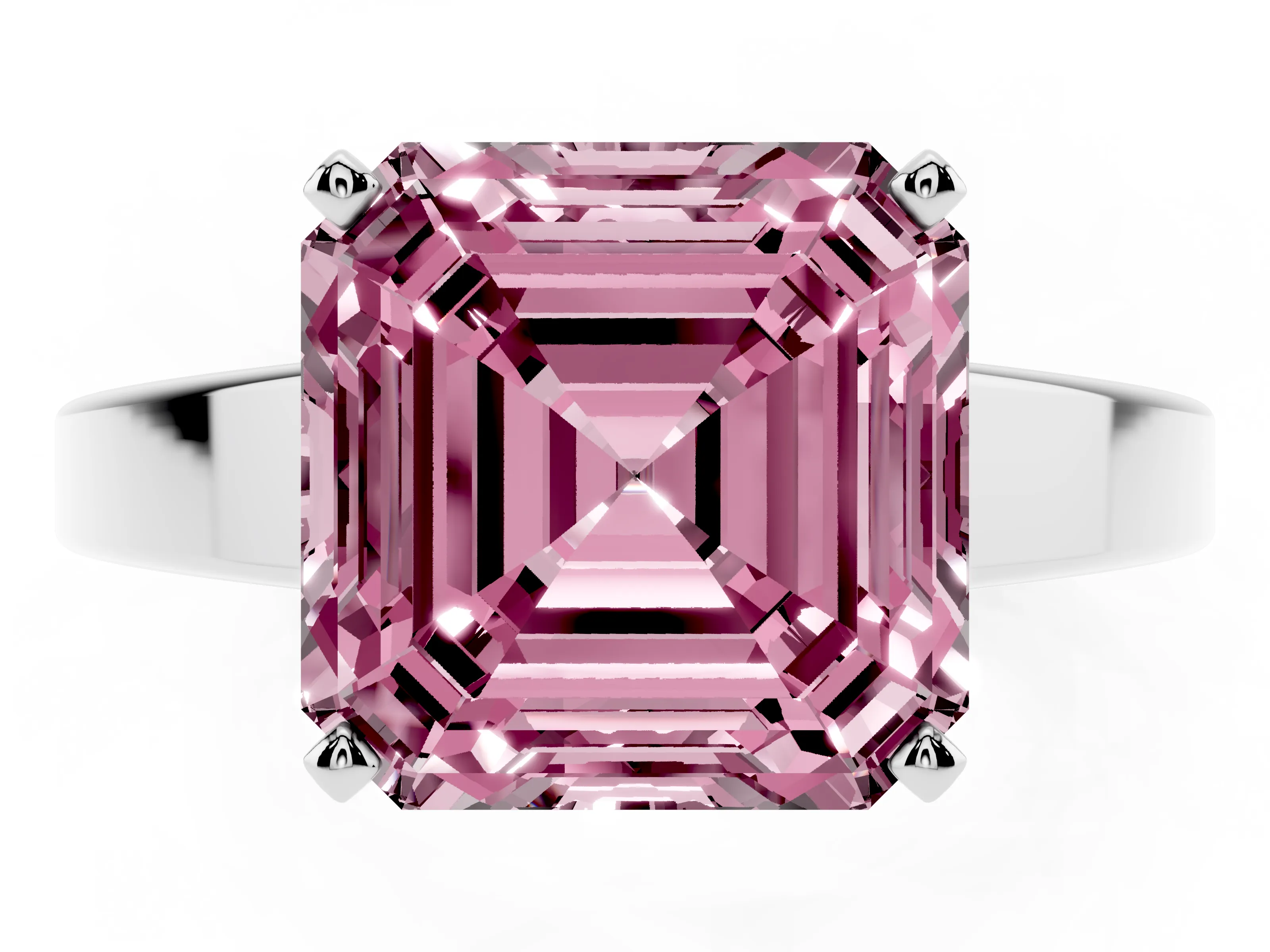 Fancy Pink Asscher Cut Diamond Solitaire Engagement Ring Set in White gold with Prong Setting and Tapered Band