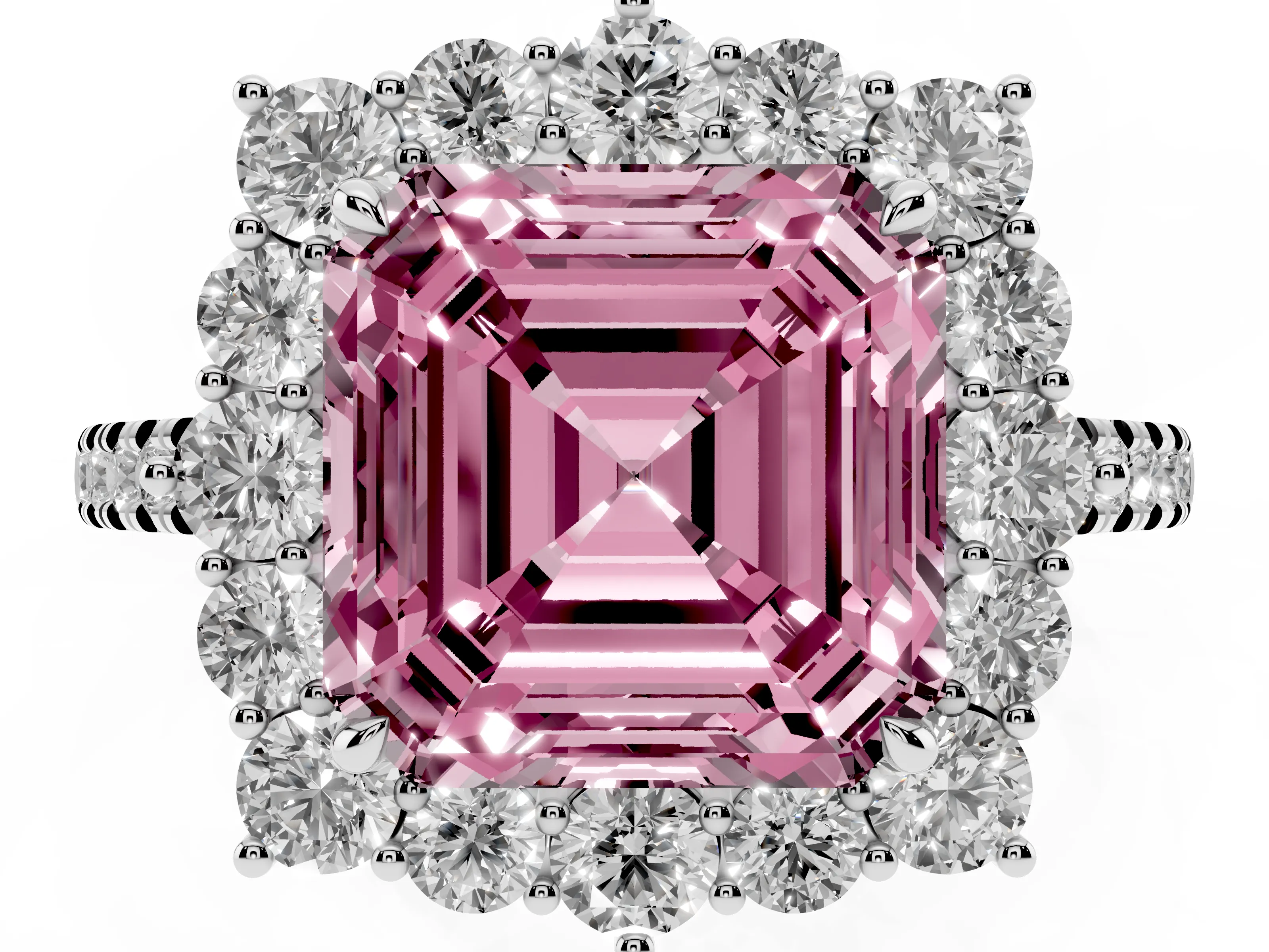 Fancy Pink Asscher Cut Diamond Halo Ring Set in Silver with Pavé Band and Prong Setting