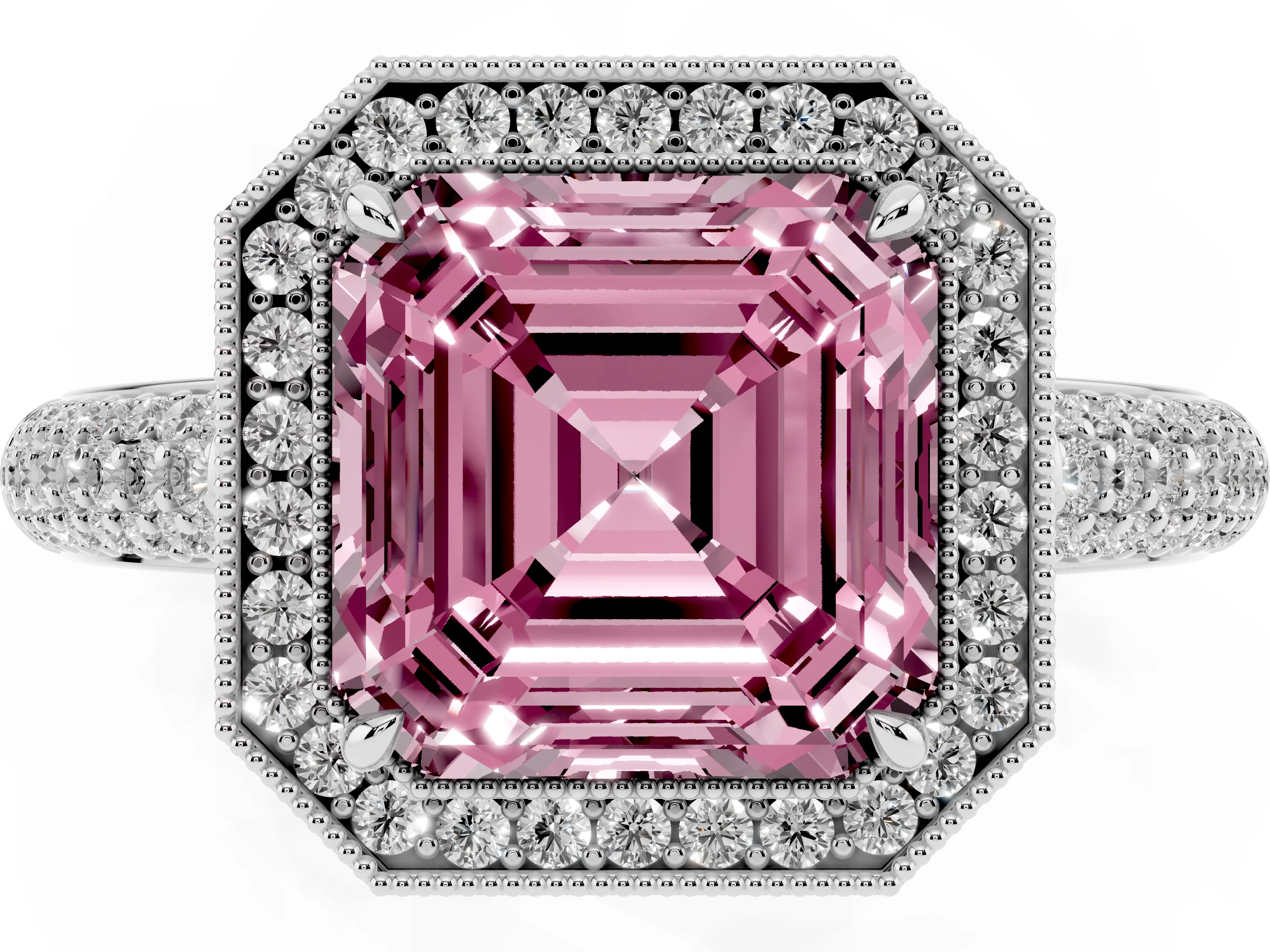 Fancy Pink Asscher Cut Diamond Halo Pavé Band Set in White gold with Prong Setting