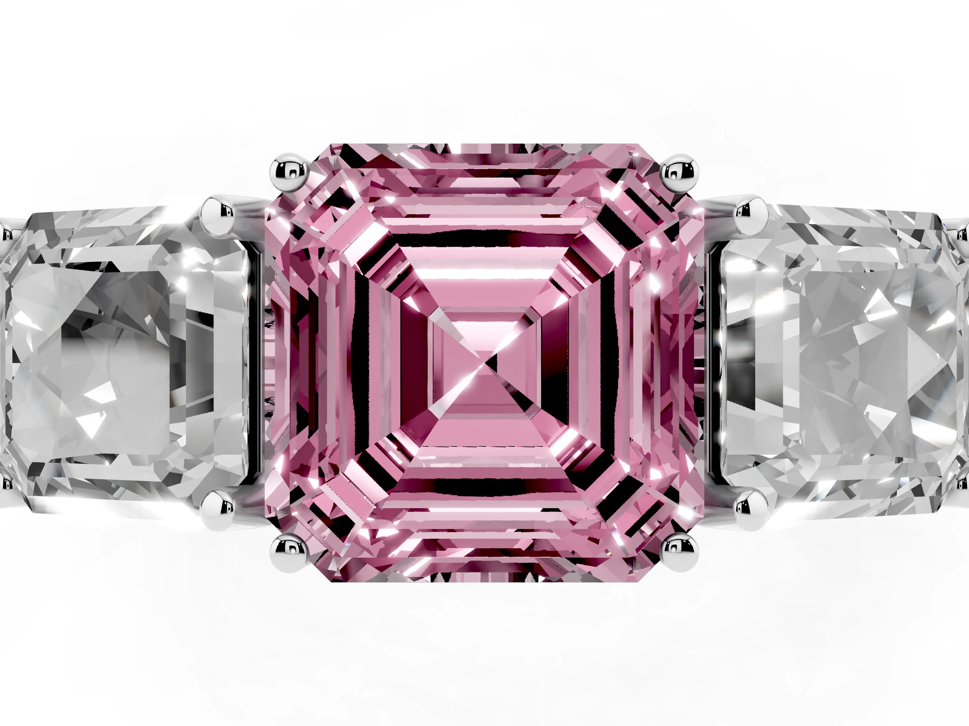 Fancy Pink Asscher Cut Diamond Three-Stone Engagement Ring Set in Silver with Milgrain Pavé Band