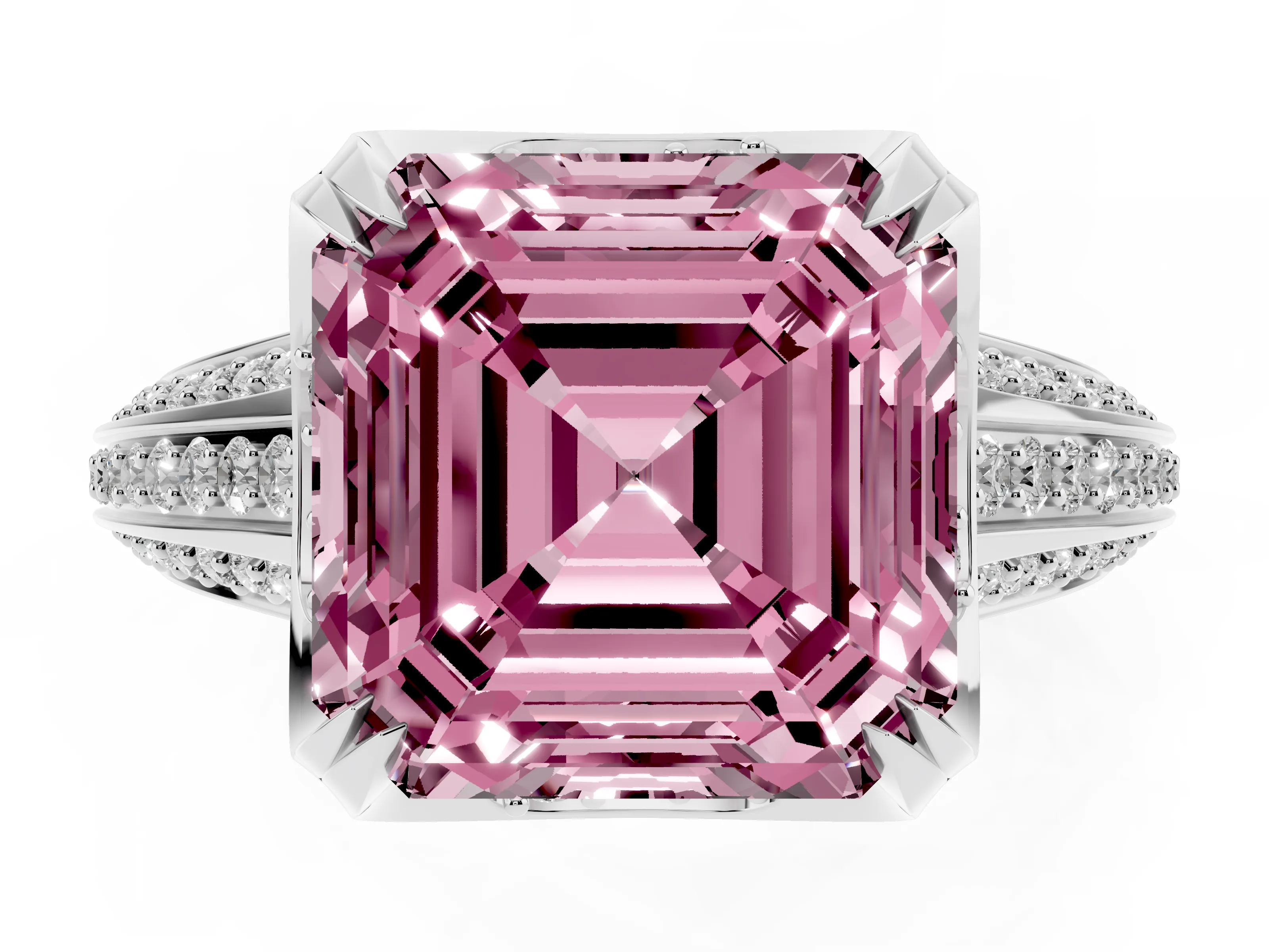 Fancy Pink Asscher Cut Diamond Pavé Split Shank Solitaire Ring Set in Platinum with Prong Setting