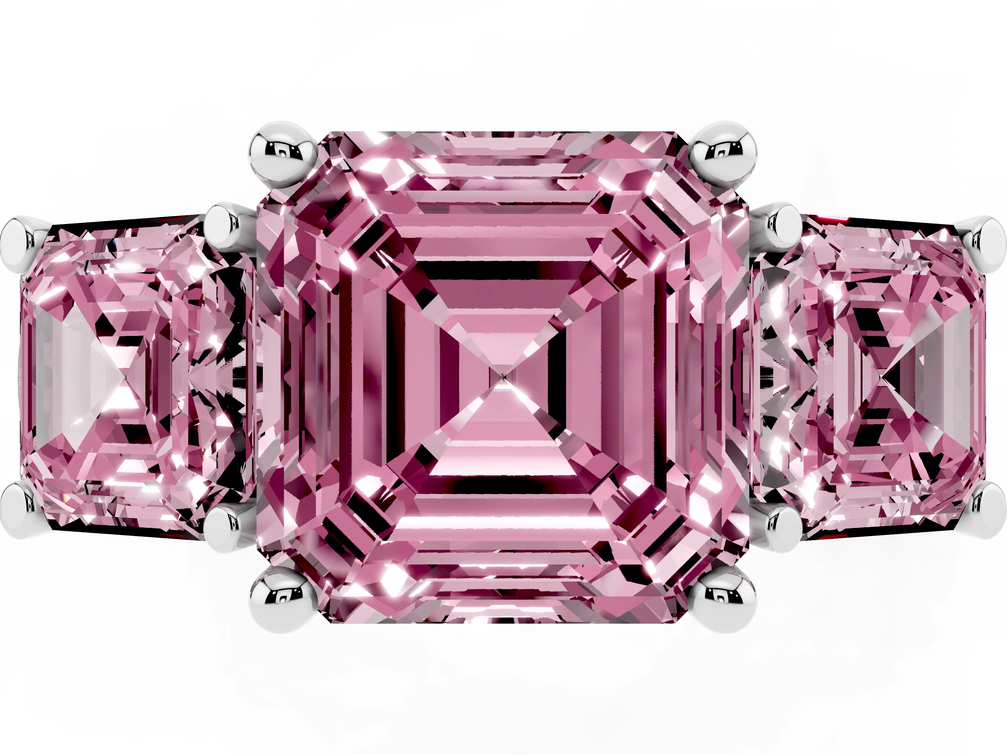 Fancy Pink Asscher Cut Diamond Three-Stone Trellis Ring Set in Silver with Comfort Fit Band
