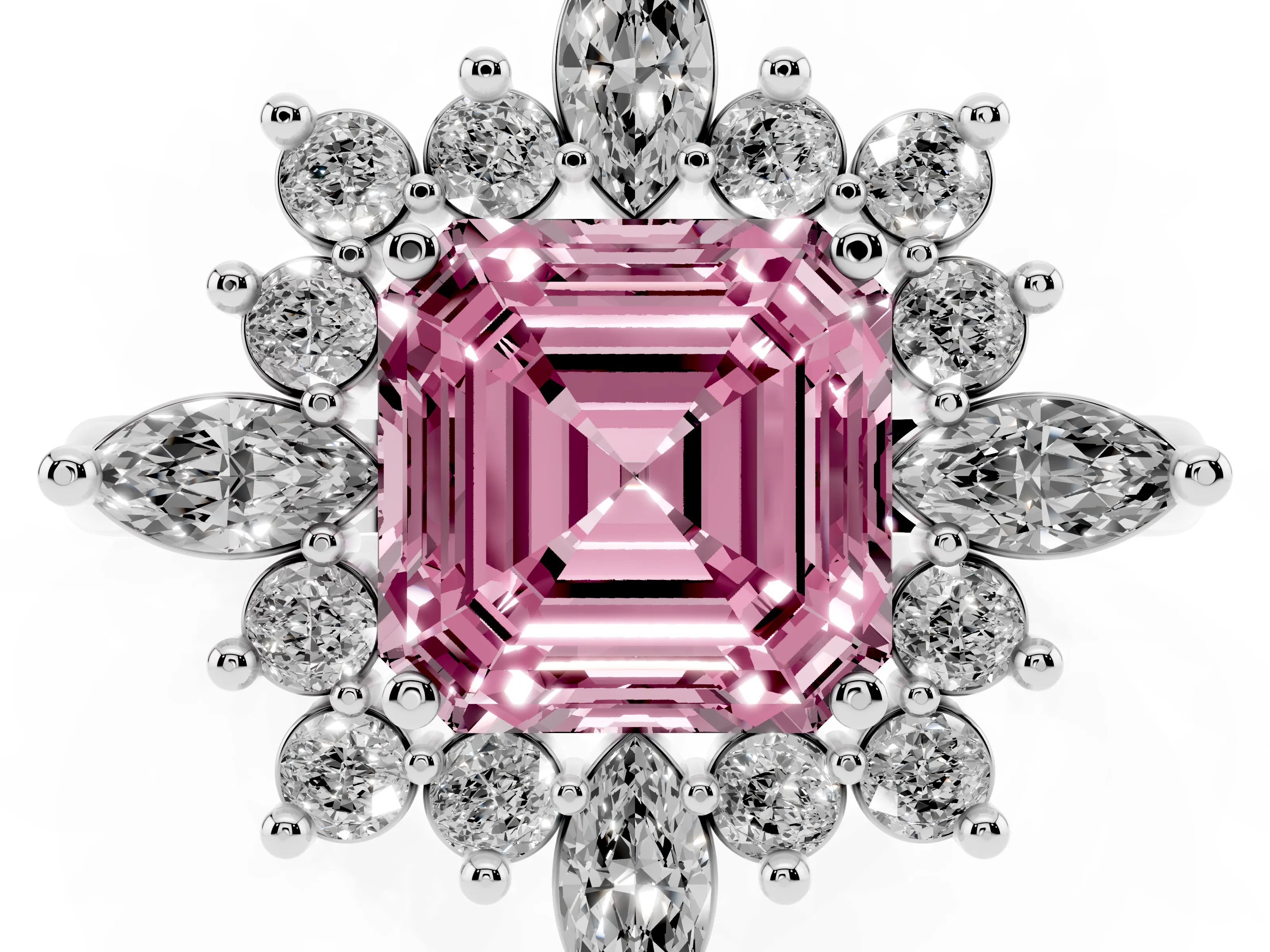 Fancy Pink Asscher Cut Diamond Cluster Halo Ring Set in Platinum with Marquise and Round Accents