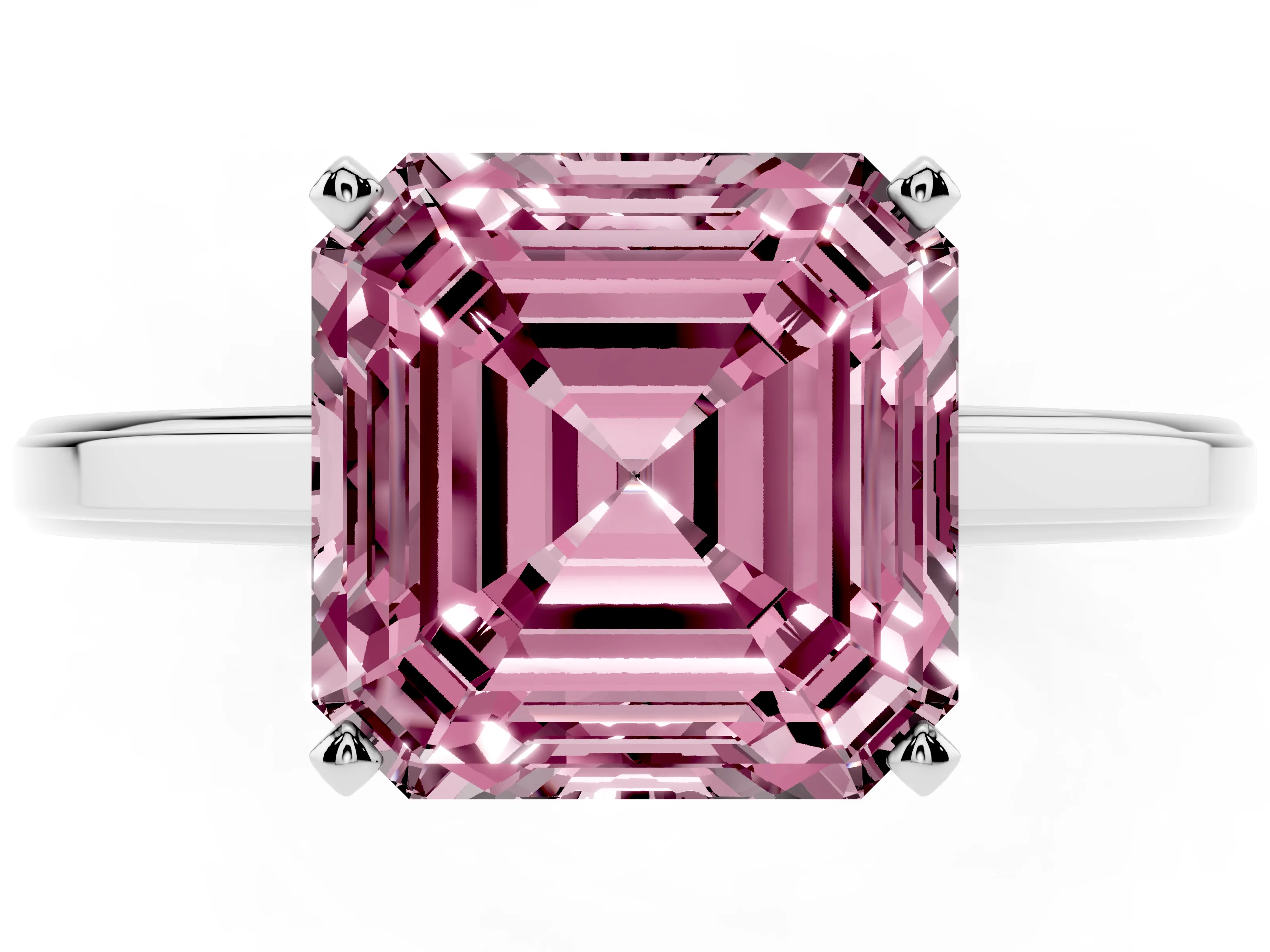 Fancy Pink Asscher Cut Diamond Solitaire Ring Set in White gold with Prong Setting and Classic Band