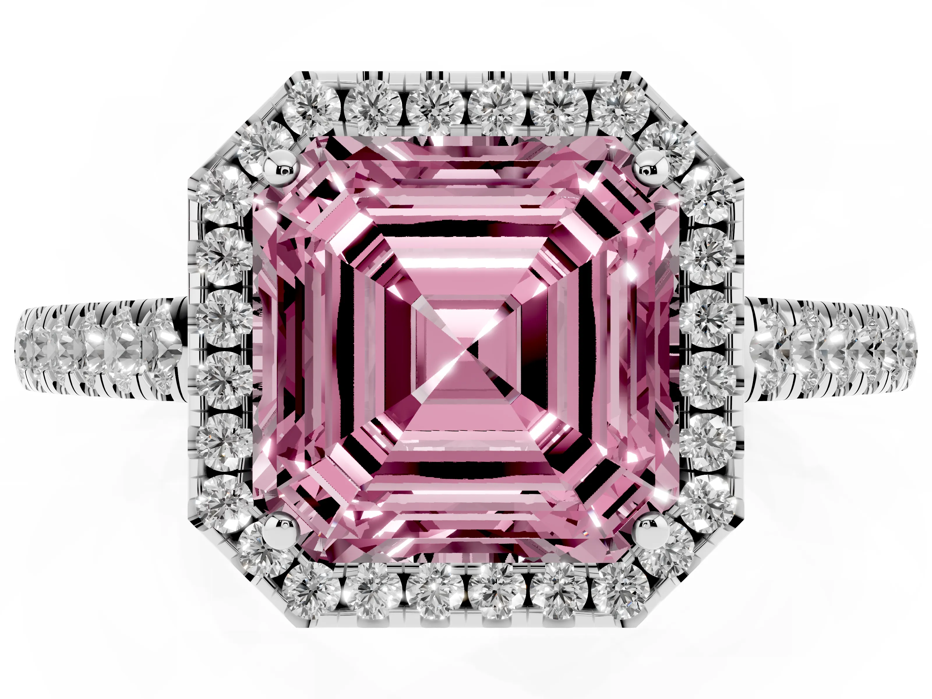 Fancy Pink Asscher Cut Diamond Halo Pavé Engagement Ring Set in White gold with Prong Setting