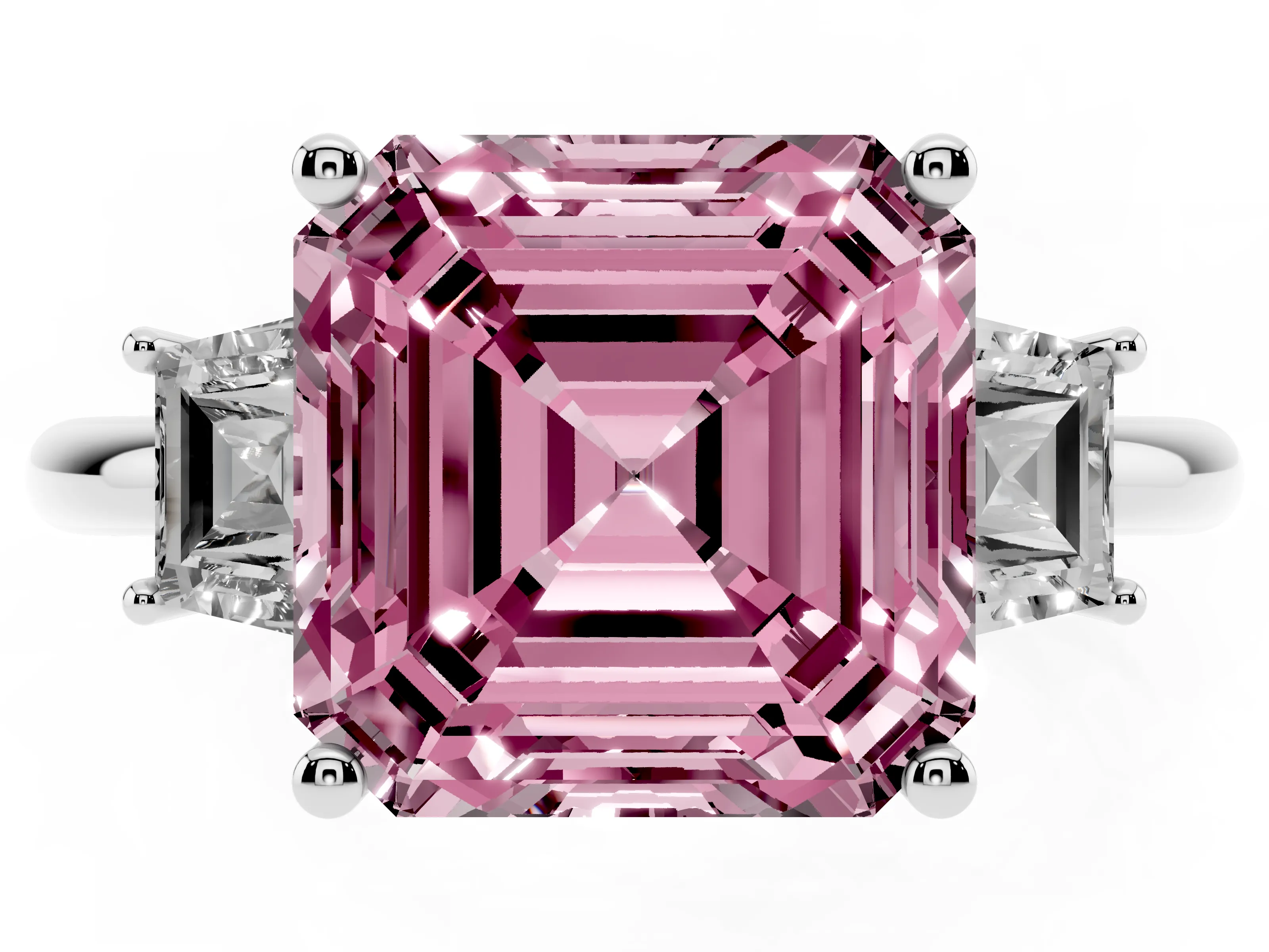 Fancy Pink Asscher Cut Diamond Three-Stone Ring Set in White gold with Trapezoid Side Stones and Prong Setting