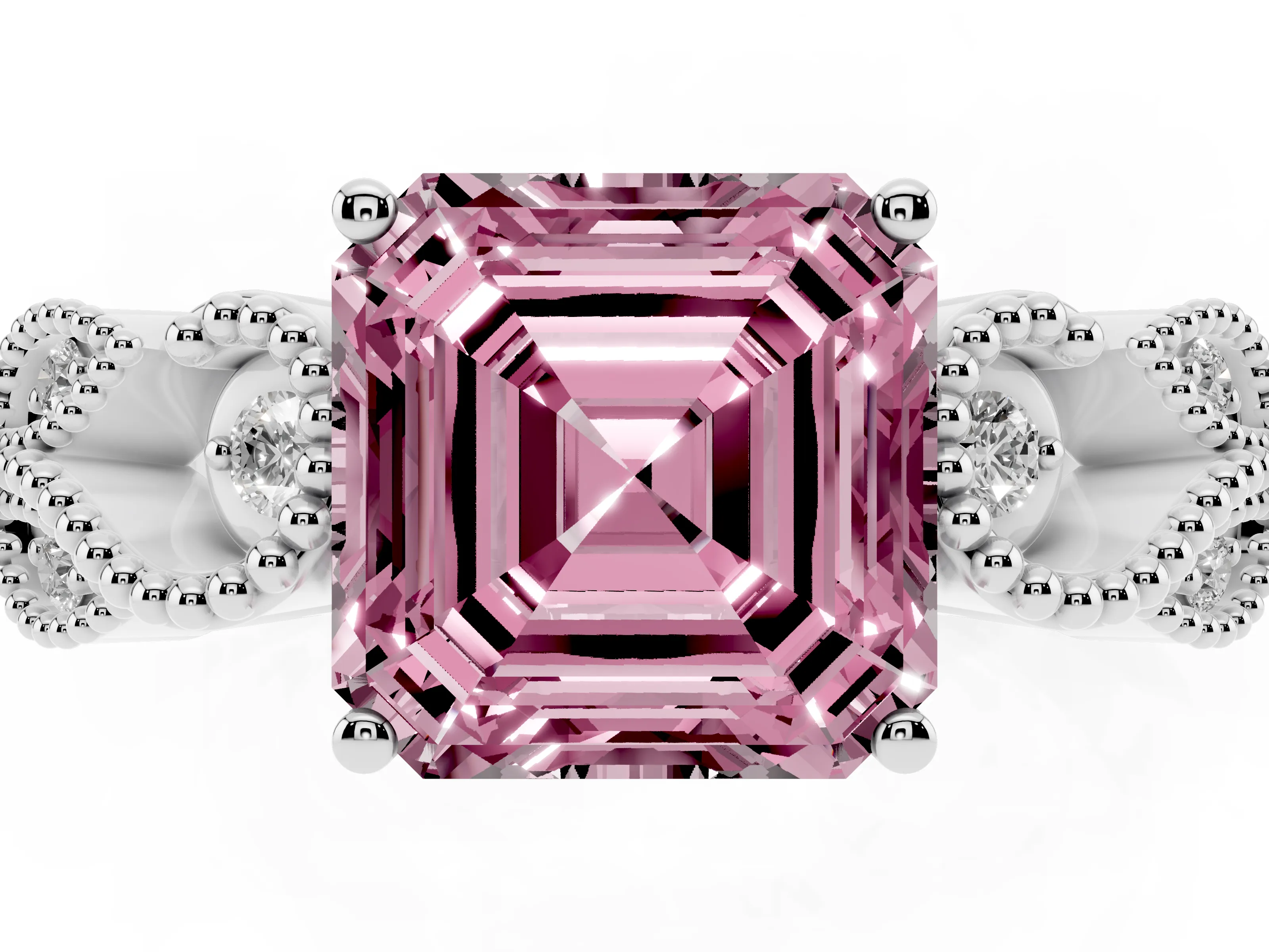 Fancy Pink Asscher Cut Diamond Milgrain Leaf Band Solitaire Ring Set in White gold with Accent Stones and Prong Setting
